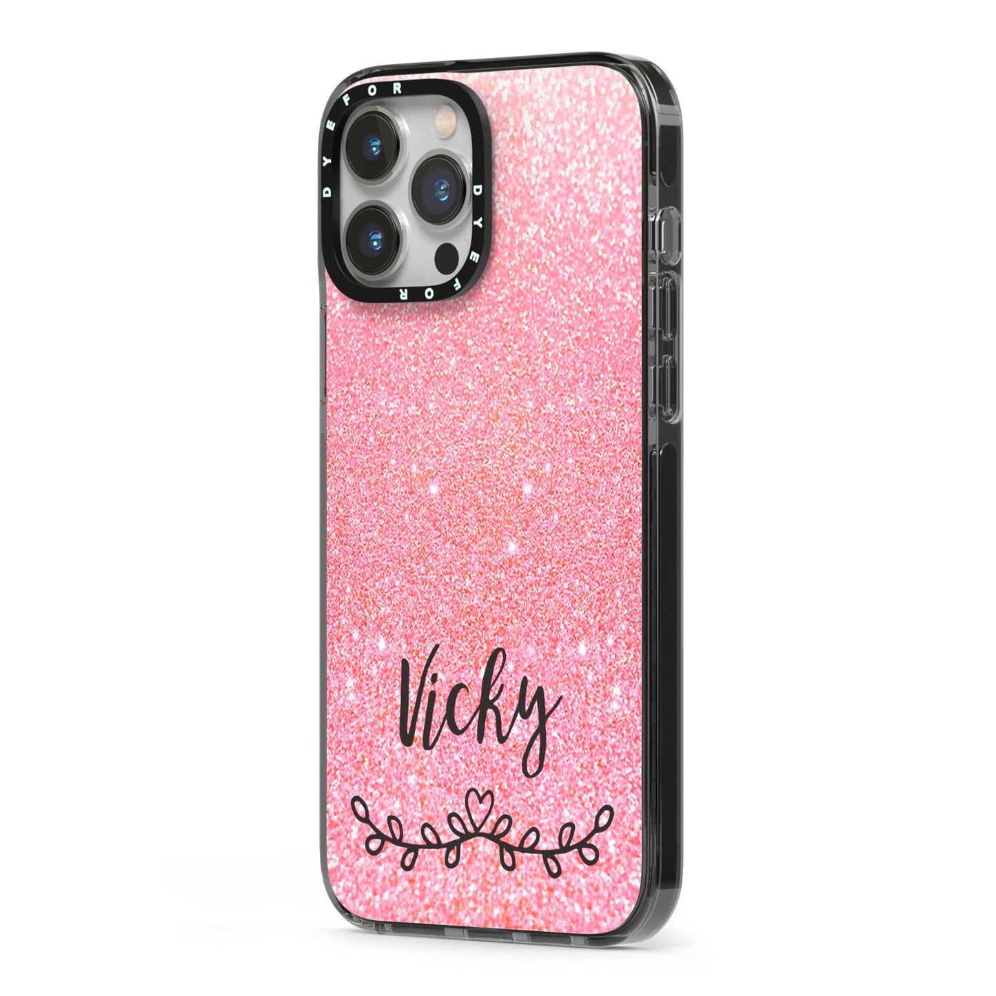 Pink Glitter with Custom Black Text iPhone 13 Pro Max Black Impact Case Side Angle on Silver phone