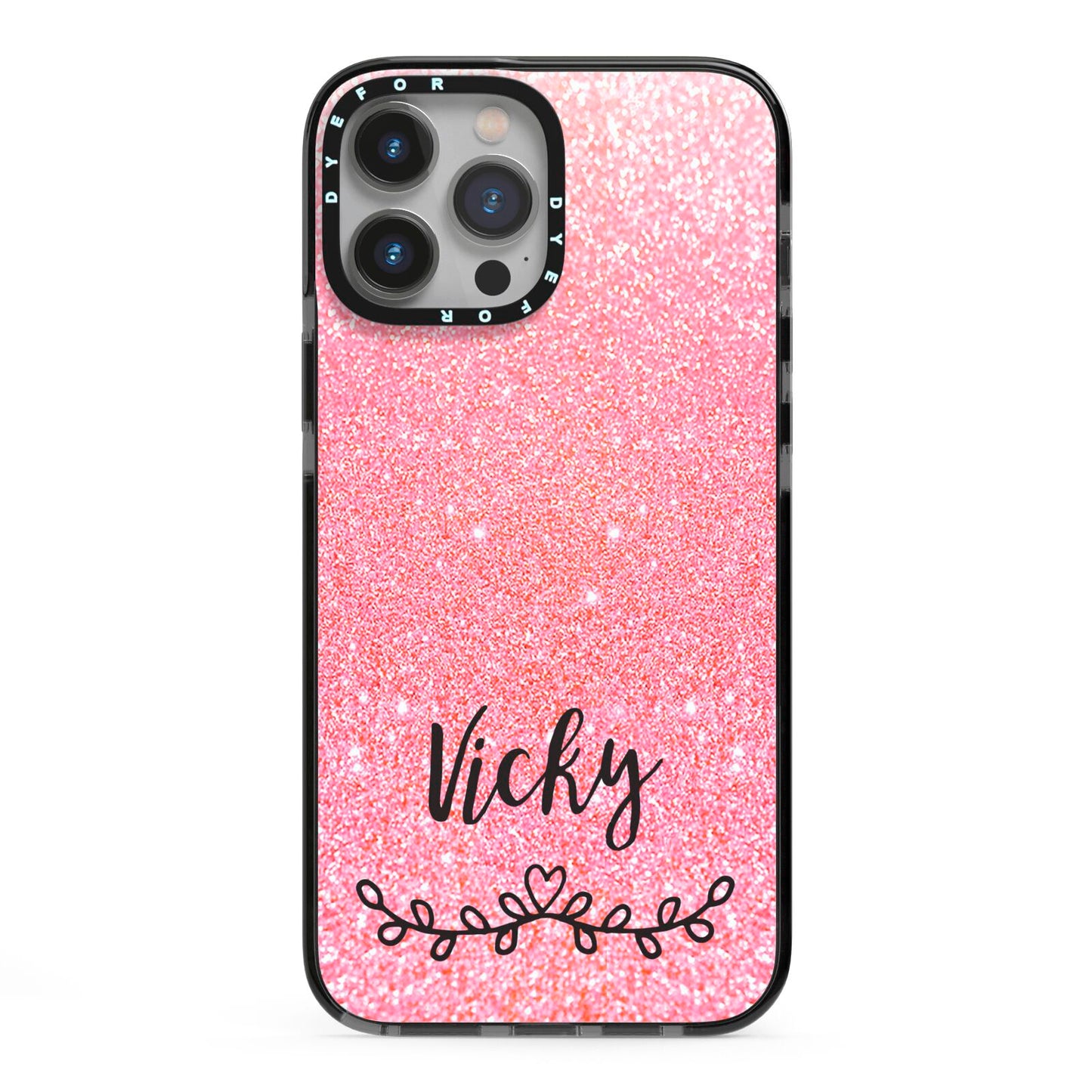 Pink Glitter with Custom Black Text iPhone 13 Pro Max Black Impact Case on Silver phone