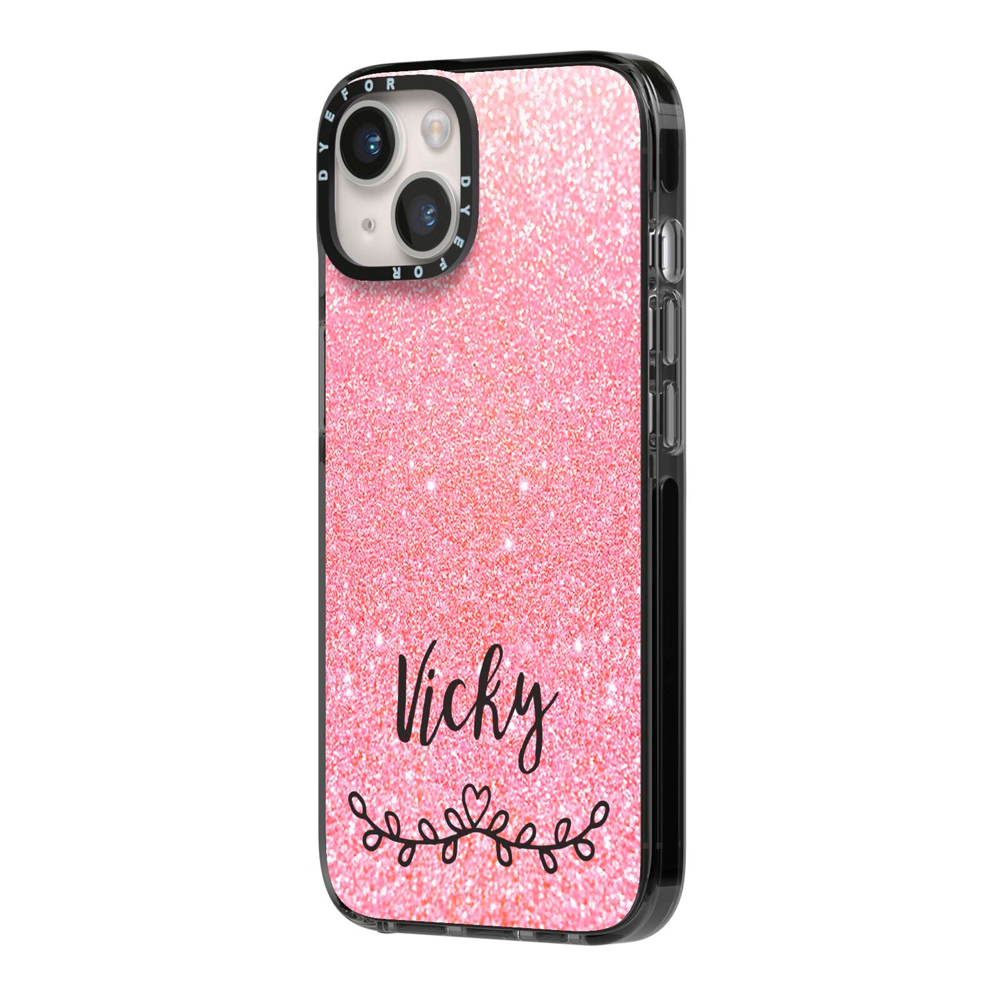 Pink Glitter with Custom Black Text iPhone 14 Black Impact Case Side Angle on Silver phone