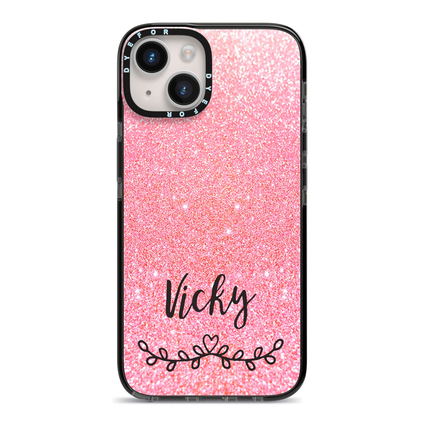 Pink Glitter with Custom Black Text iPhone 14 Black Impact Case on Silver phone