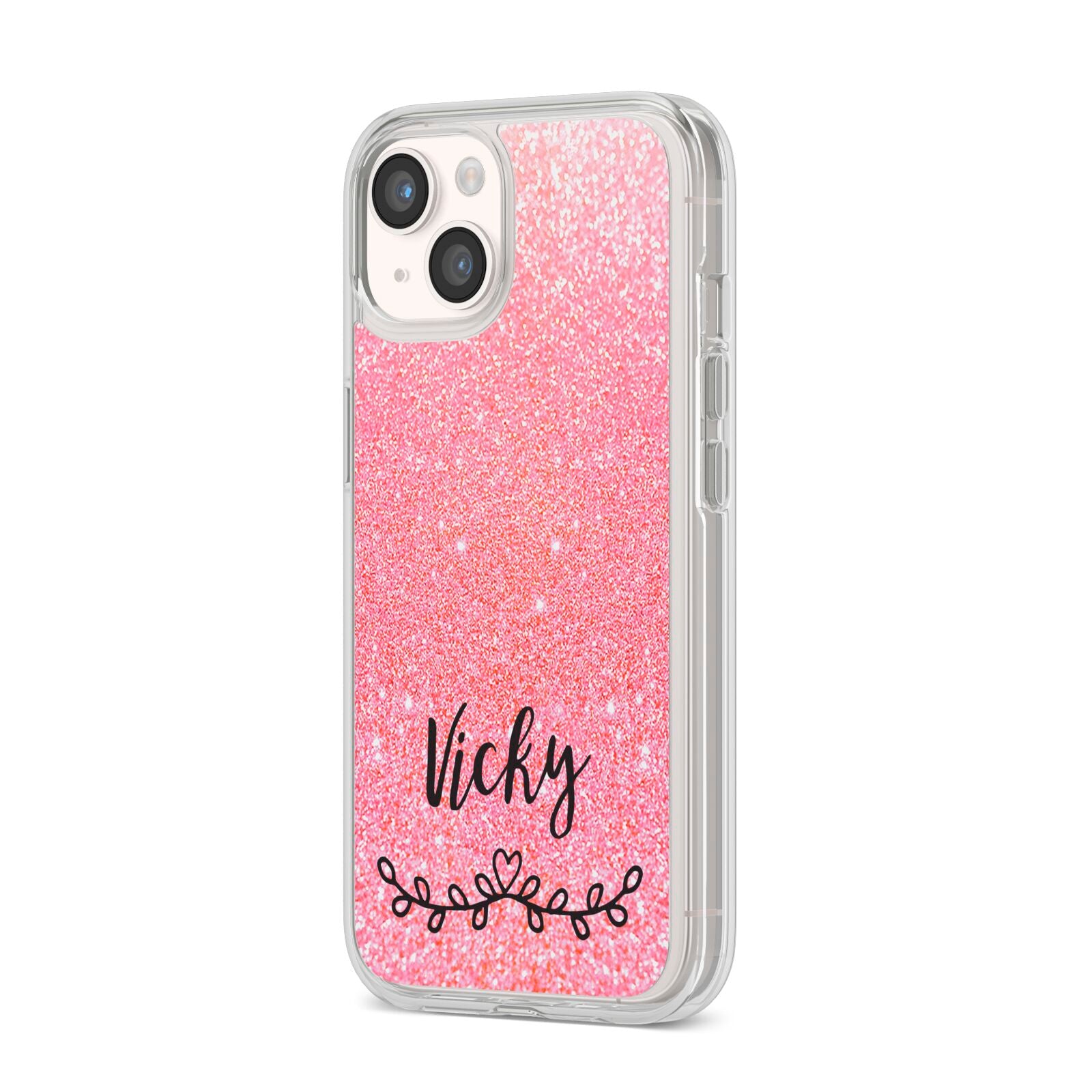 Pink Glitter with Custom Black Text iPhone 14 Clear Tough Case Starlight Angled Image