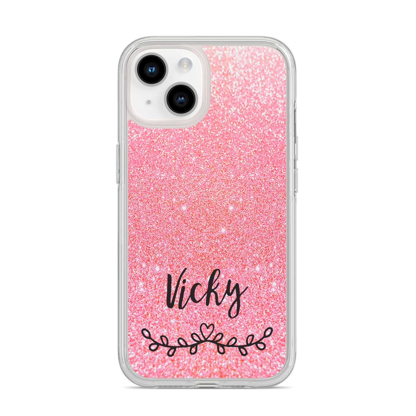 Pink Glitter with Custom Black Text iPhone 14 Clear Tough Case Starlight