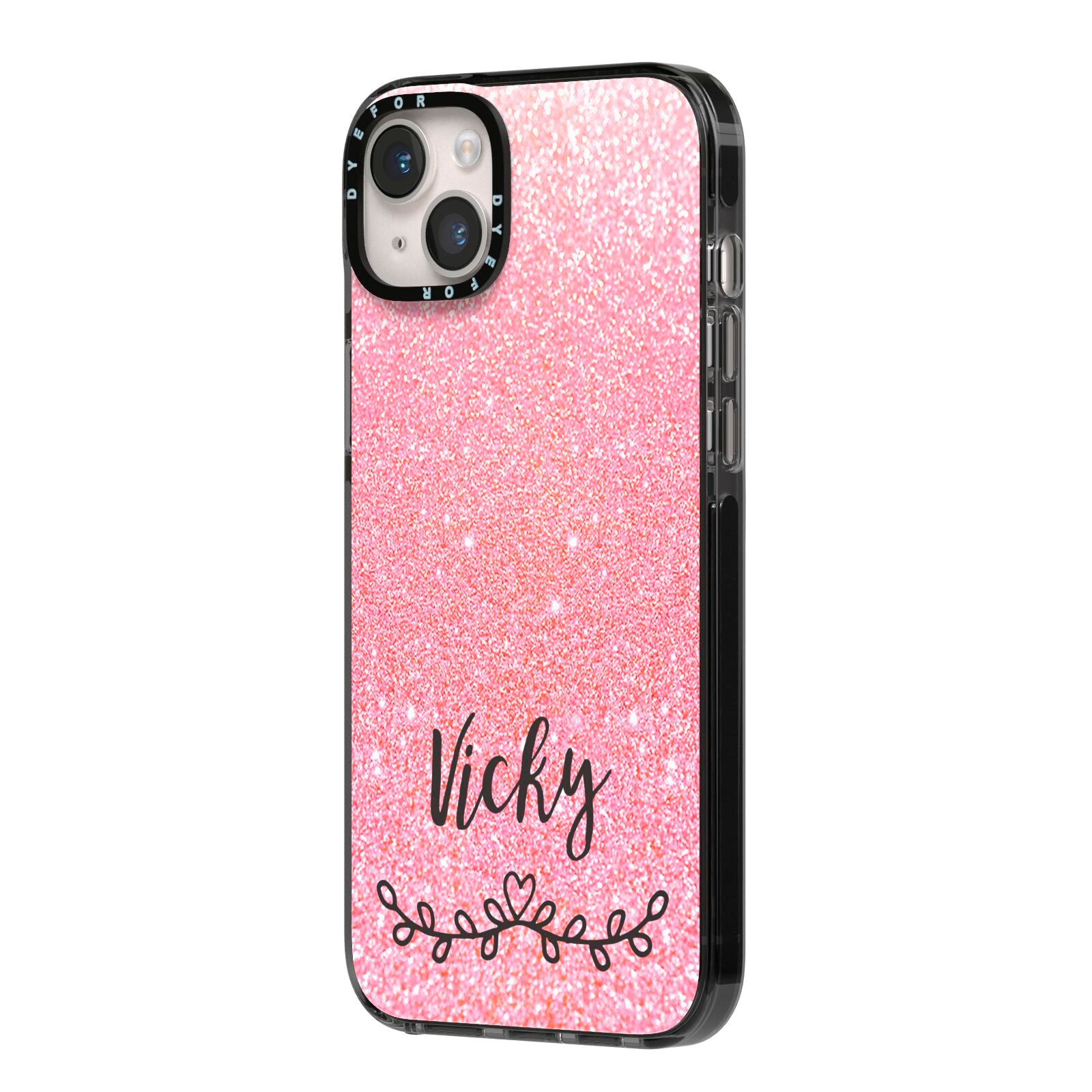 Pink Glitter with Custom Black Text iPhone 14 Plus Black Impact Case Side Angle on Silver phone