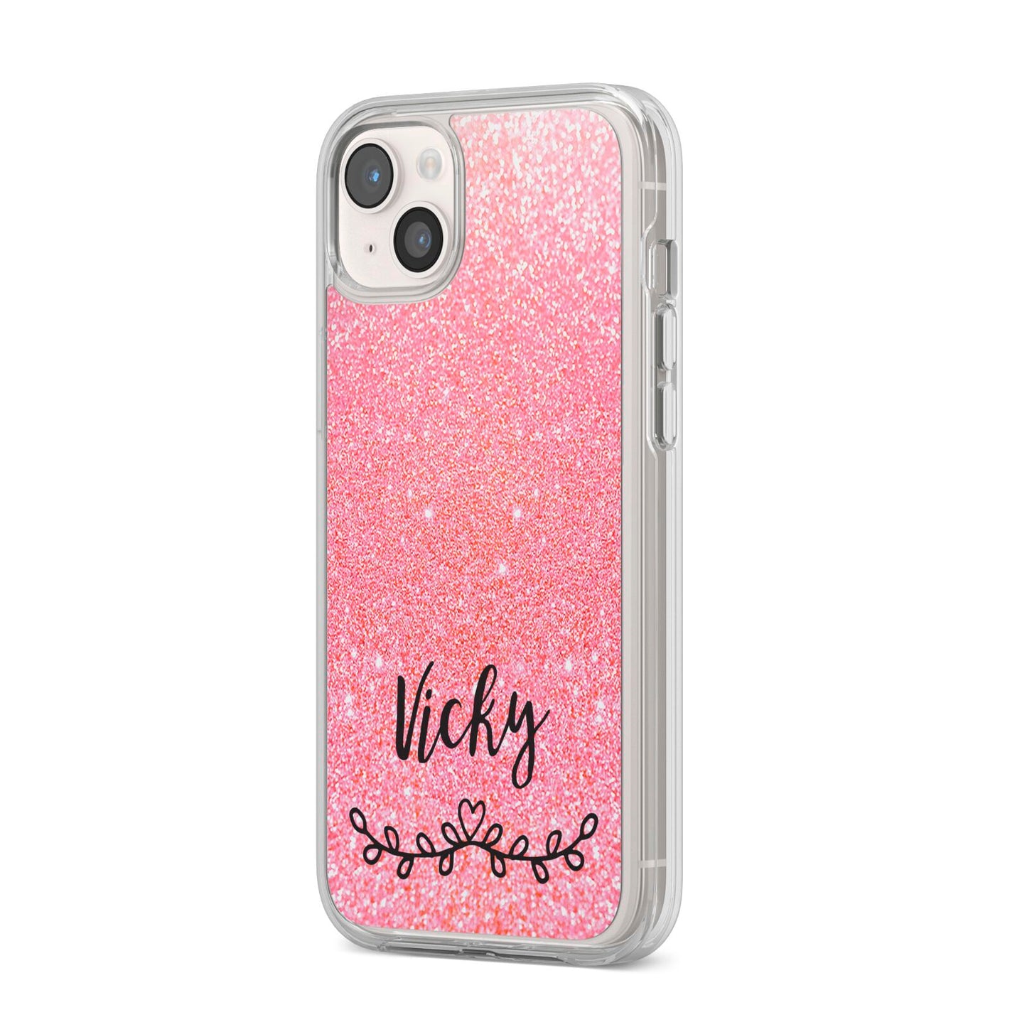 Pink Glitter with Custom Black Text iPhone 14 Plus Clear Tough Case Starlight Angled Image