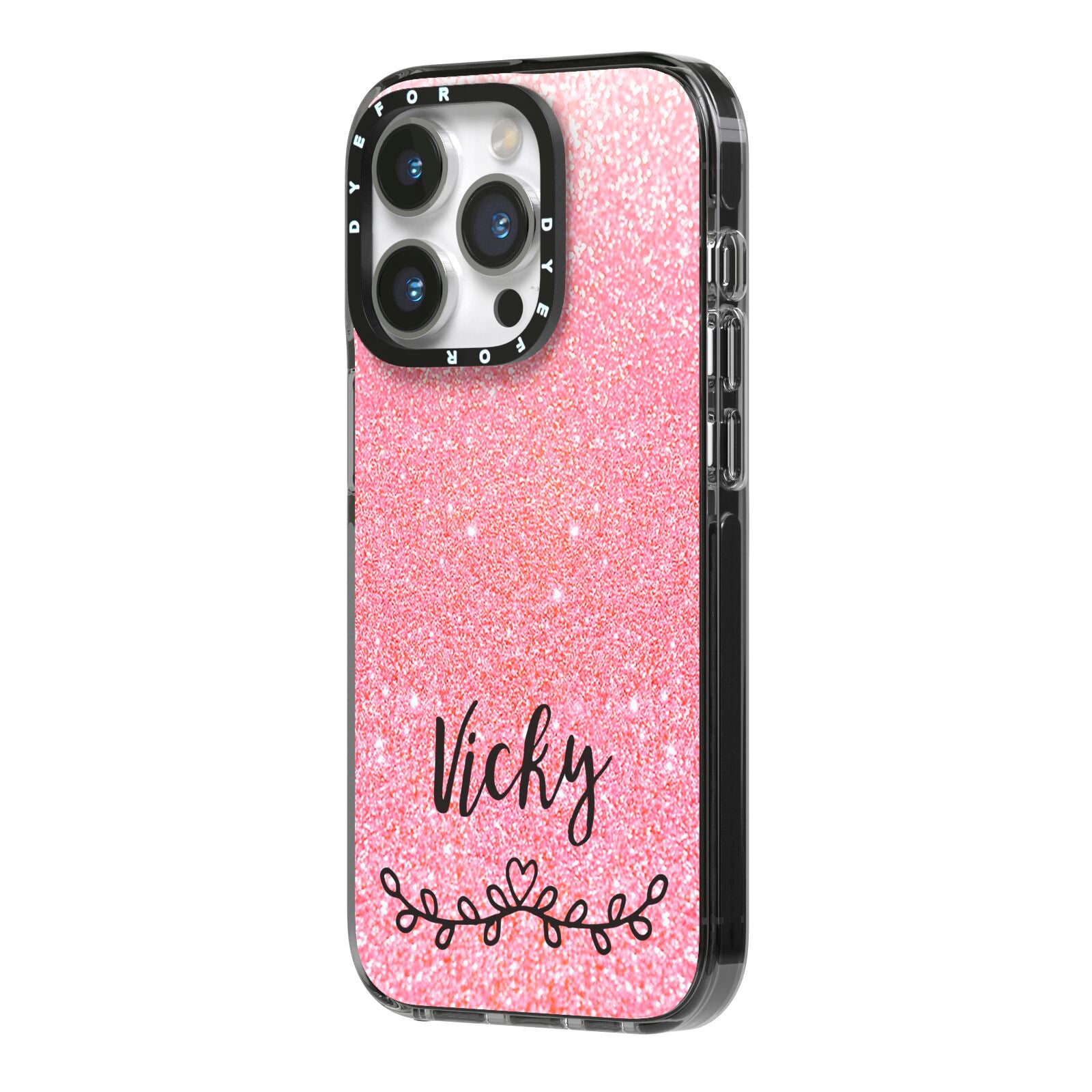 Pink Glitter with Custom Black Text iPhone 14 Pro Black Impact Case Side Angle on Silver phone