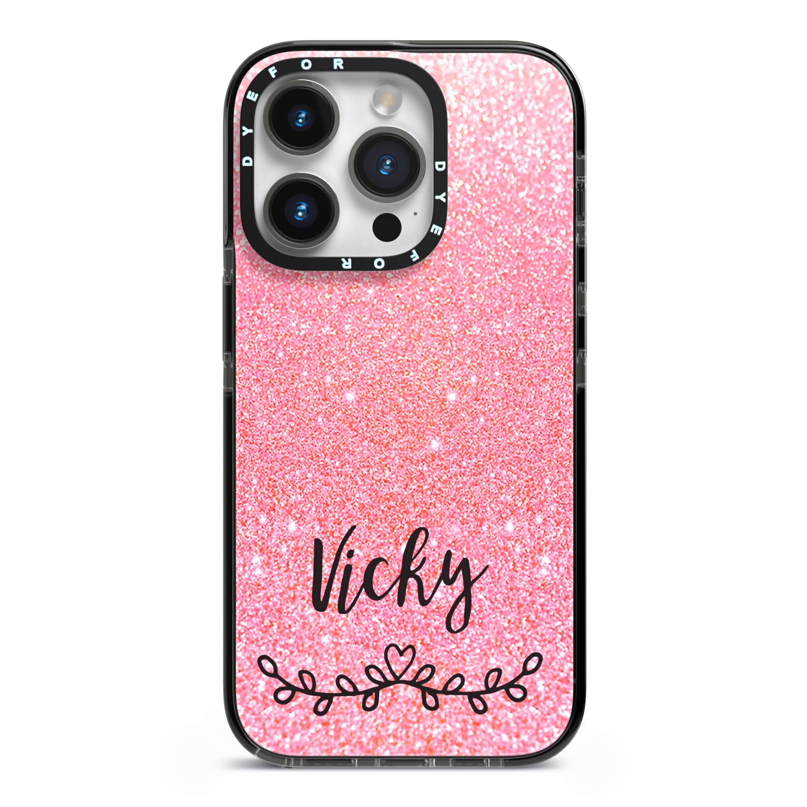 Pink Glitter with Custom Black Text iPhone 14 Pro Black Impact Case on Silver phone