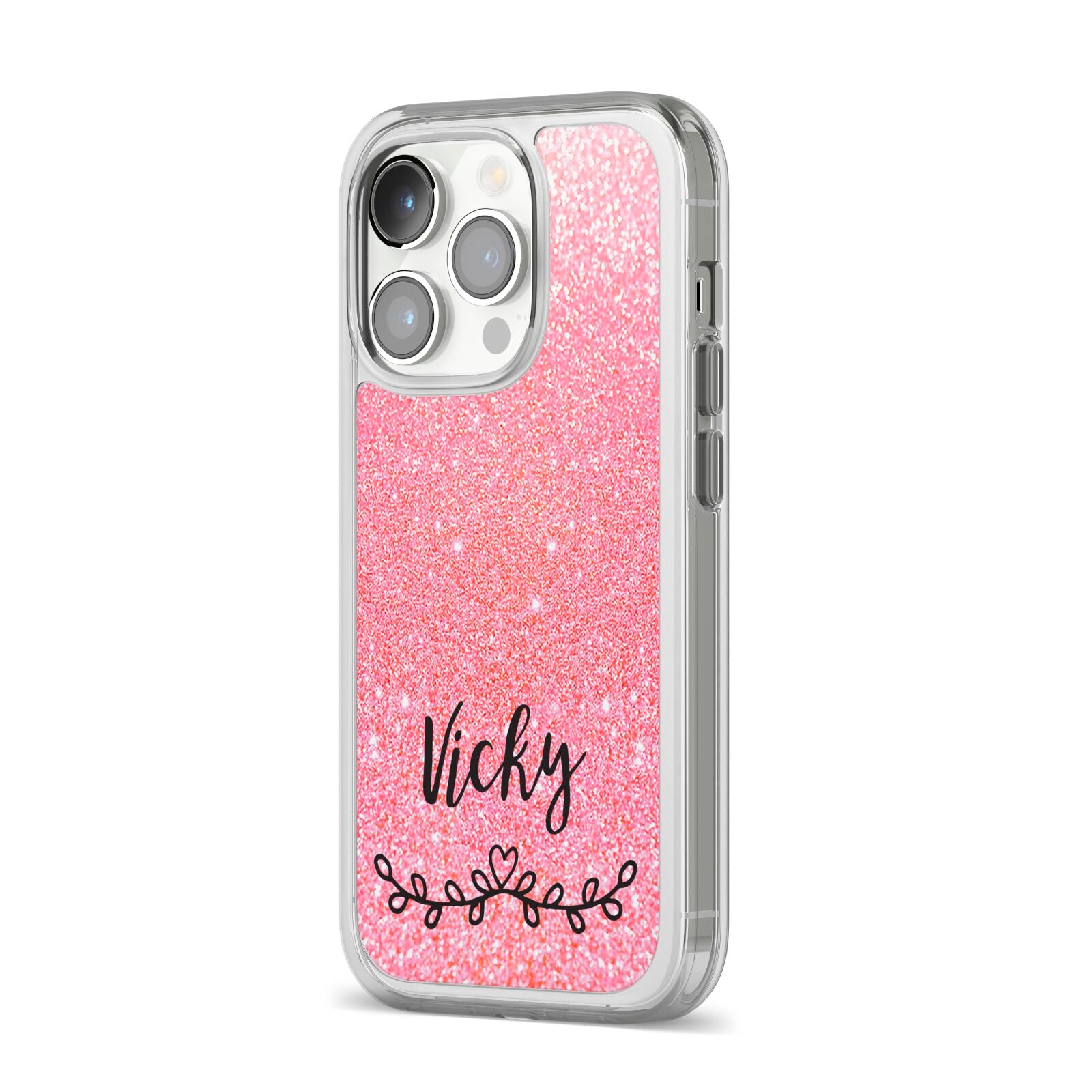 Pink Glitter with Custom Black Text iPhone 14 Pro Clear Tough Case Silver Angled Image