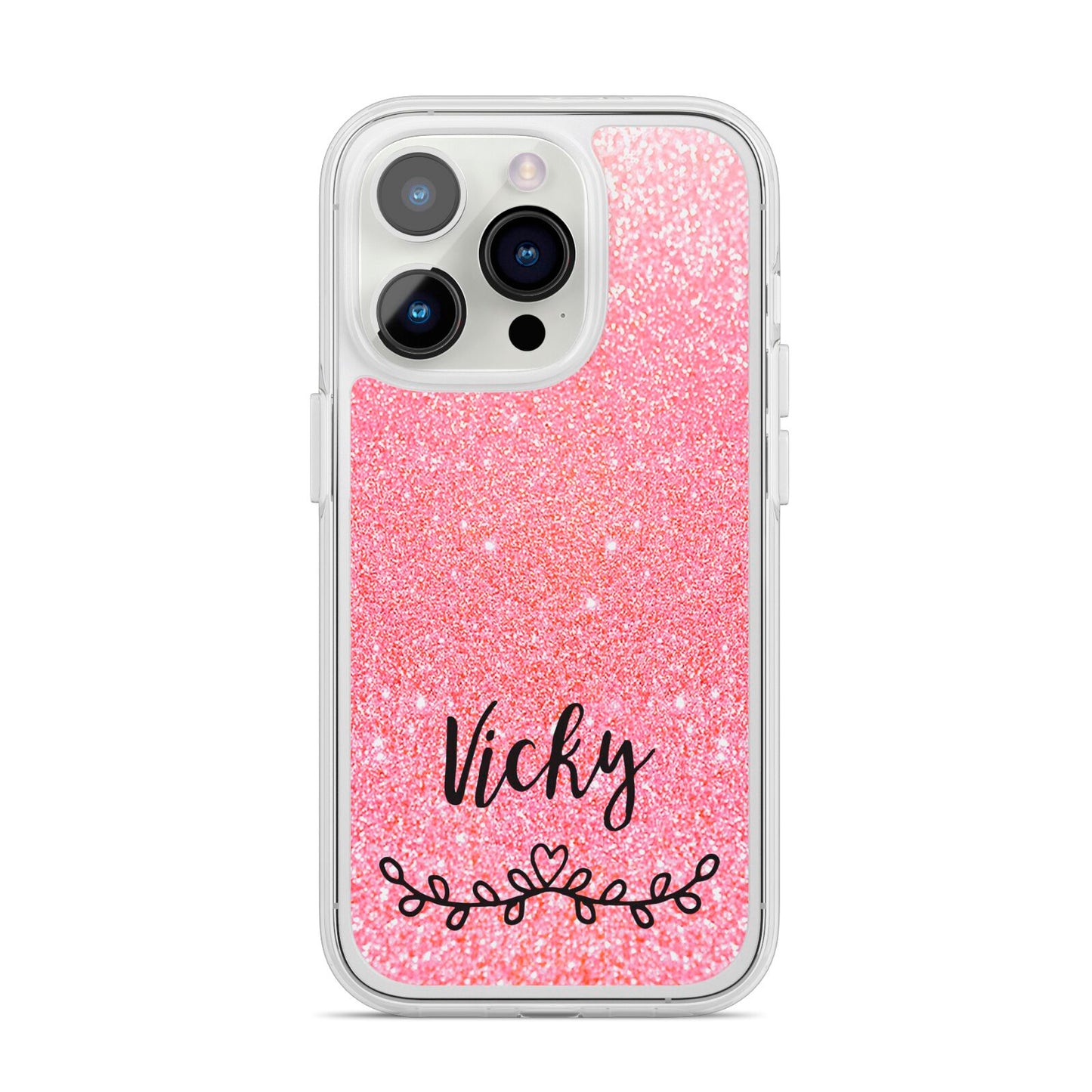 Pink Glitter with Custom Black Text iPhone 14 Pro Clear Tough Case Silver