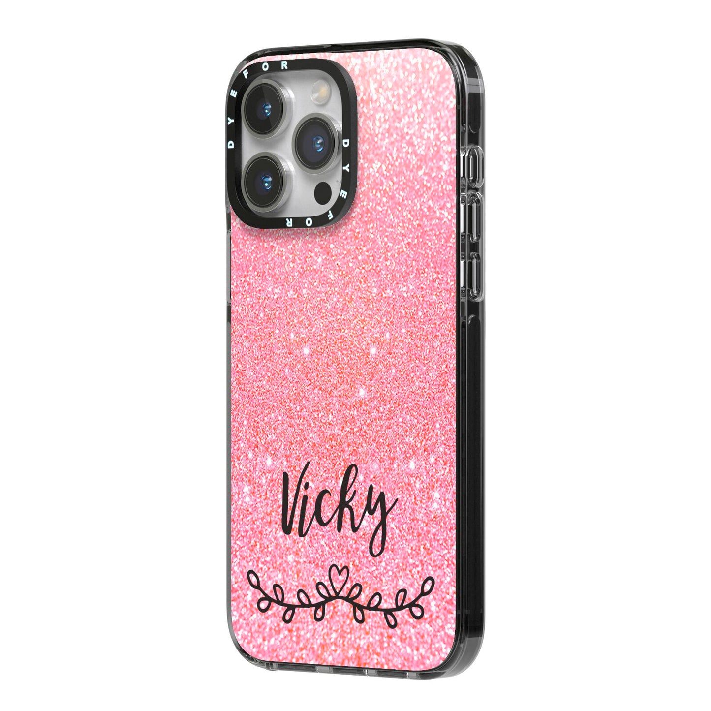 Pink Glitter with Custom Black Text iPhone 14 Pro Max Black Impact Case Side Angle on Silver phone