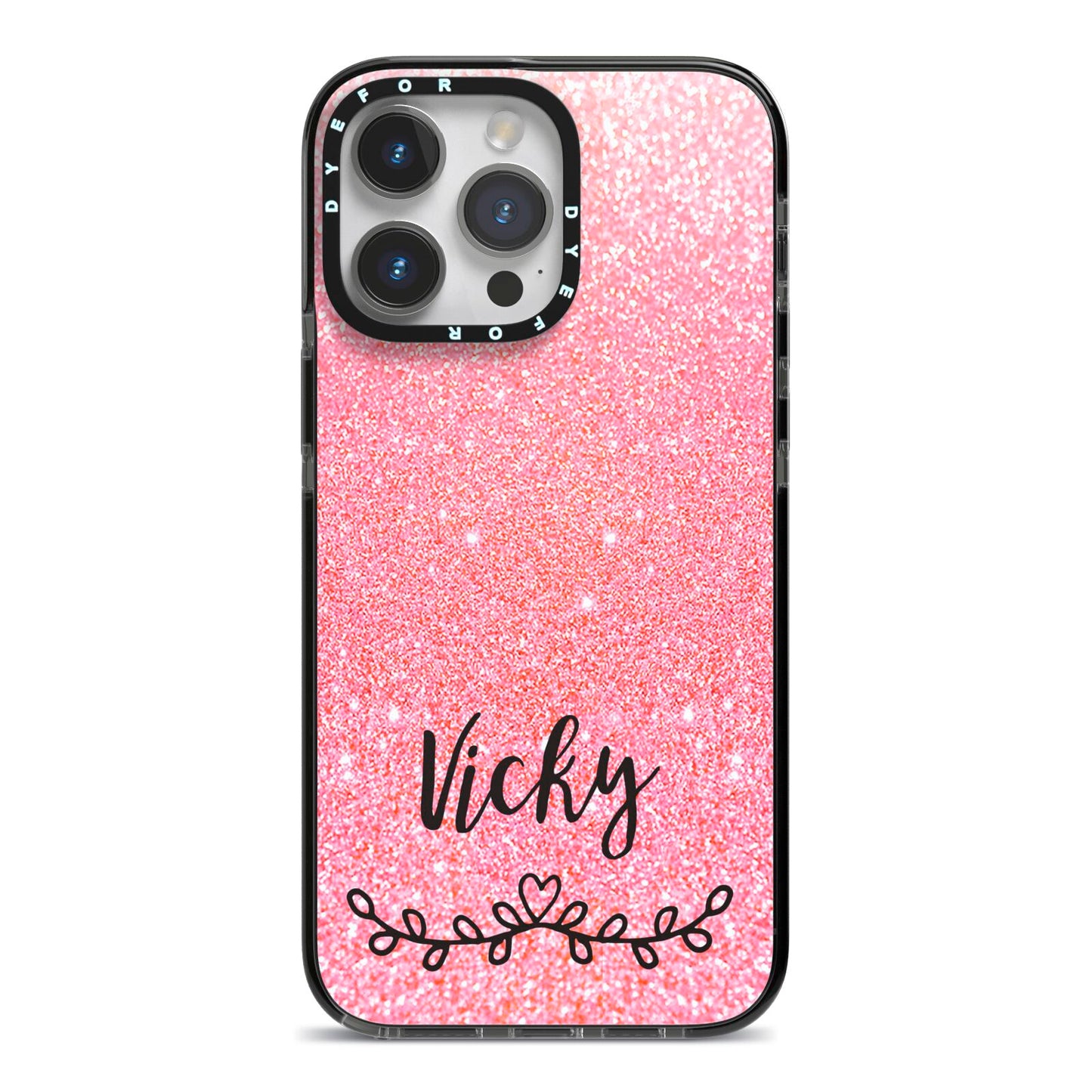 Pink Glitter with Custom Black Text iPhone 14 Pro Max Black Impact Case on Silver phone