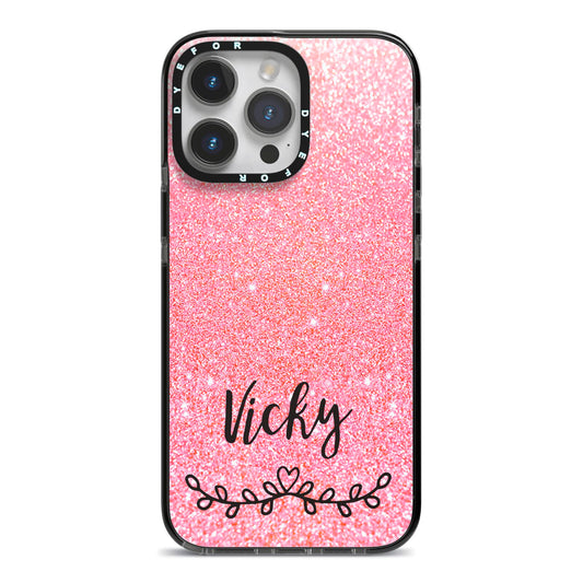 Pink Glitter with Custom Black Text iPhone 14 Pro Max Black Impact Case on Silver phone