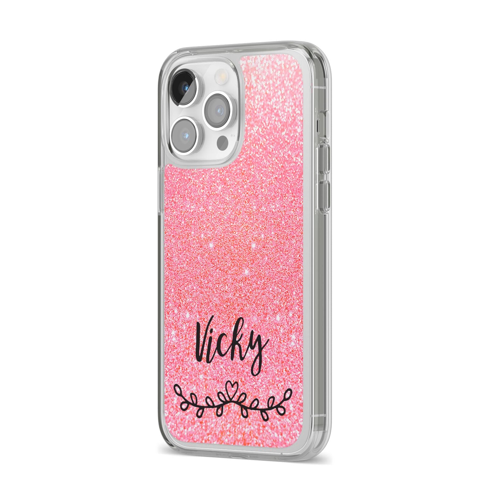 Pink Glitter with Custom Black Text iPhone 14 Pro Max Clear Tough Case Silver Angled Image