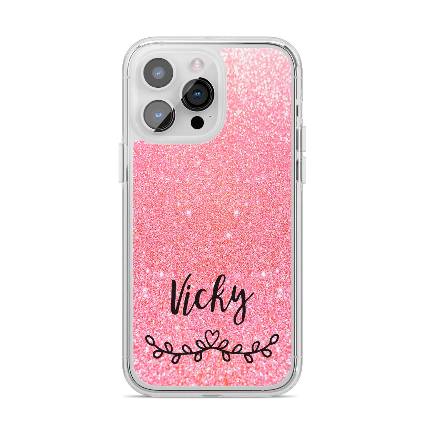 Pink Glitter with Custom Black Text iPhone 14 Pro Max Clear Tough Case Silver