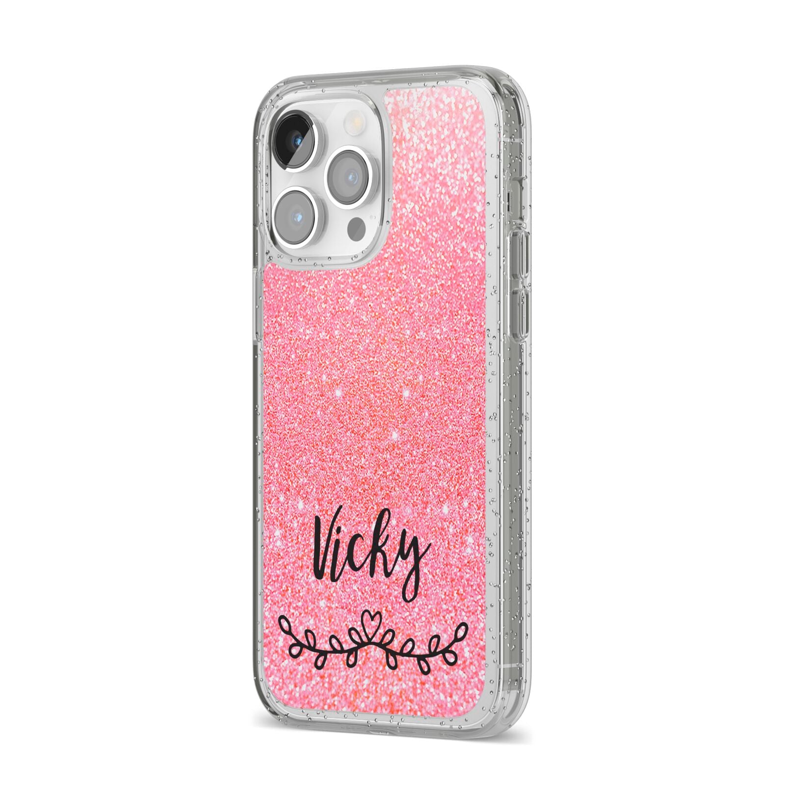 Pink Glitter with Custom Black Text iPhone 14 Pro Max Glitter Tough Case Silver Angled Image