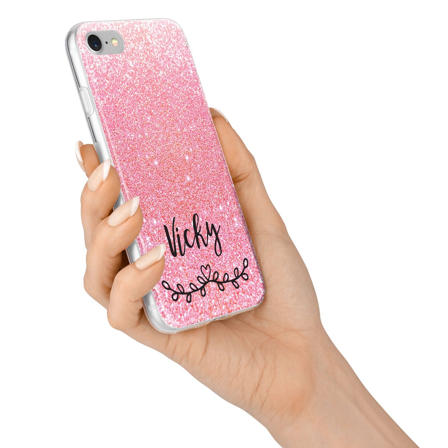 Pink Glitter with Custom Black Text iPhone 7 Bumper Case on Silver iPhone Alternative Image