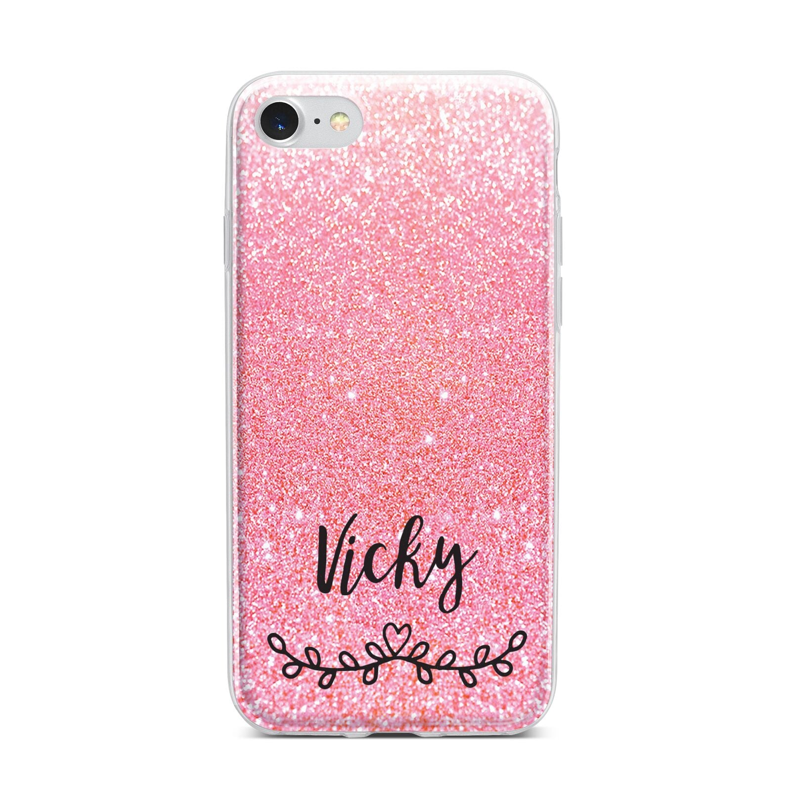 Pink Glitter with Custom Black Text iPhone 7 Bumper Case on Silver iPhone