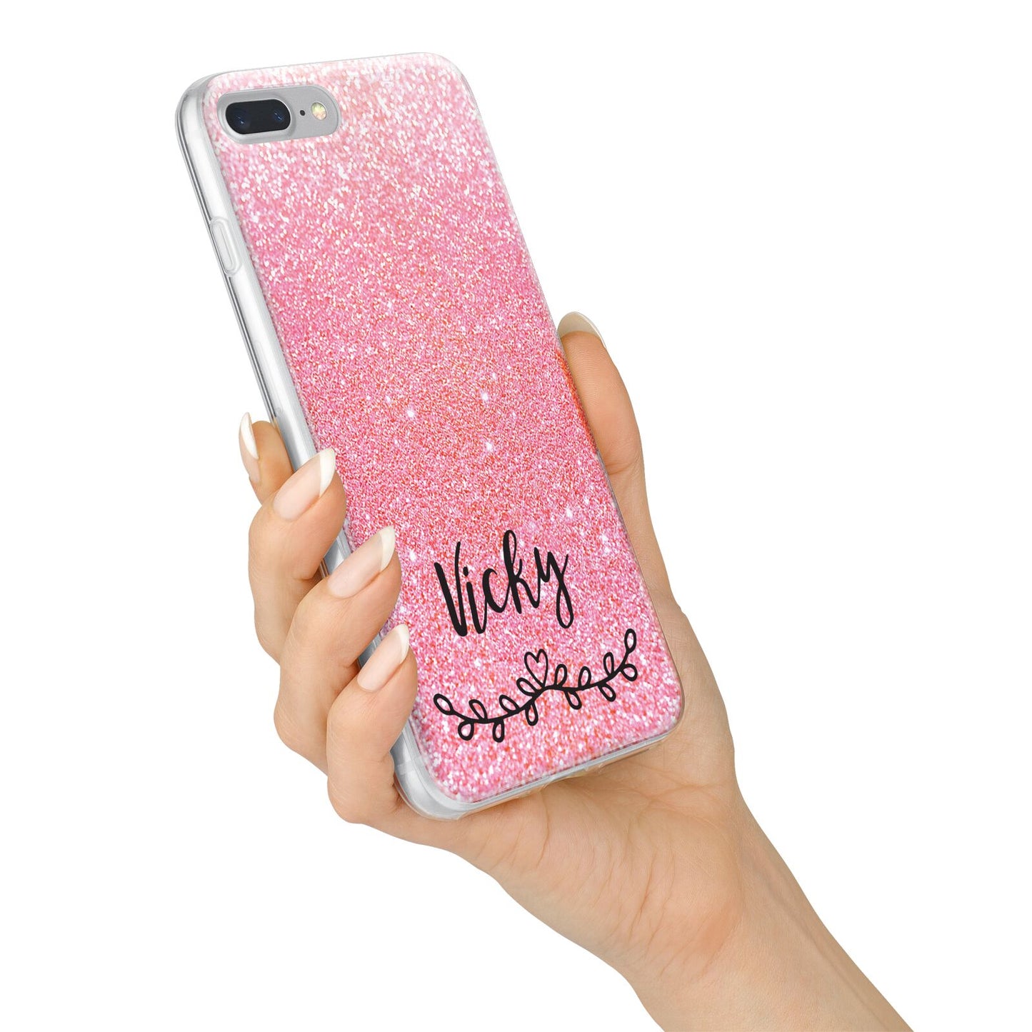 Pink Glitter with Custom Black Text iPhone 7 Plus Bumper Case on Silver iPhone Alternative Image