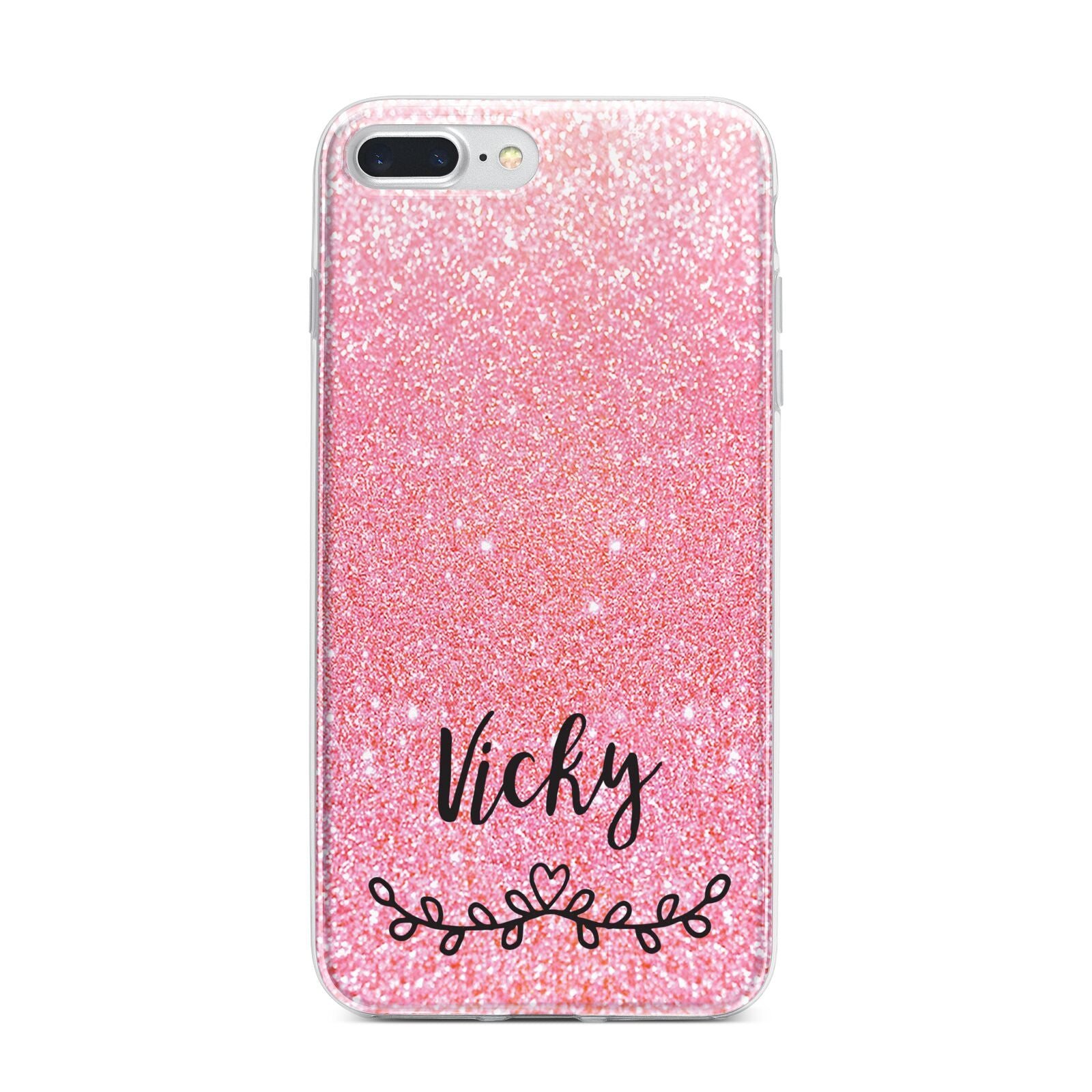 Pink Glitter with Custom Black Text iPhone 7 Plus Bumper Case on Silver iPhone