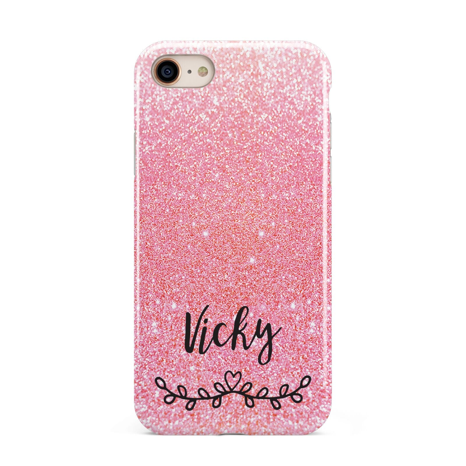 Pink Glitter with Custom Black Text iPhone 8 3D Tough Case on Gold Phone