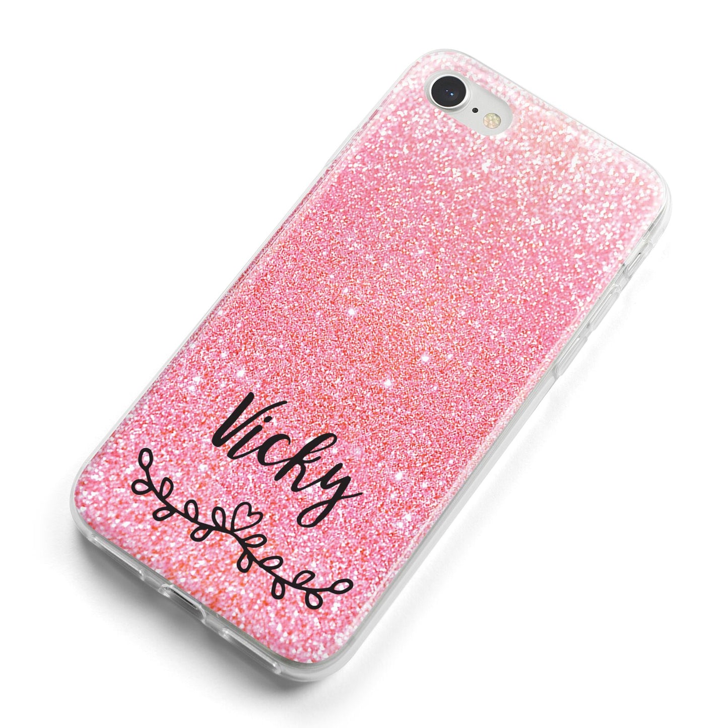 Pink Glitter with Custom Black Text iPhone 8 Bumper Case on Silver iPhone Alternative Image