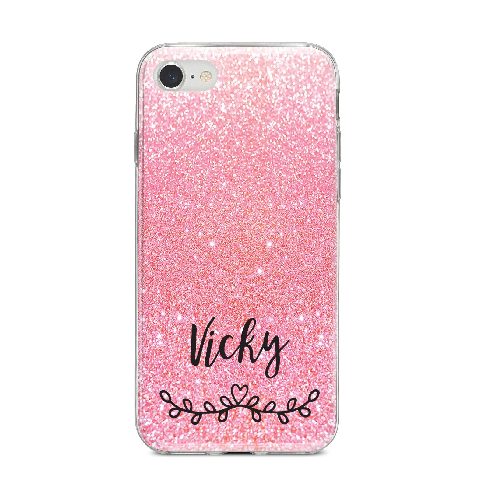 Pink Glitter with Custom Black Text iPhone 8 Bumper Case on Silver iPhone