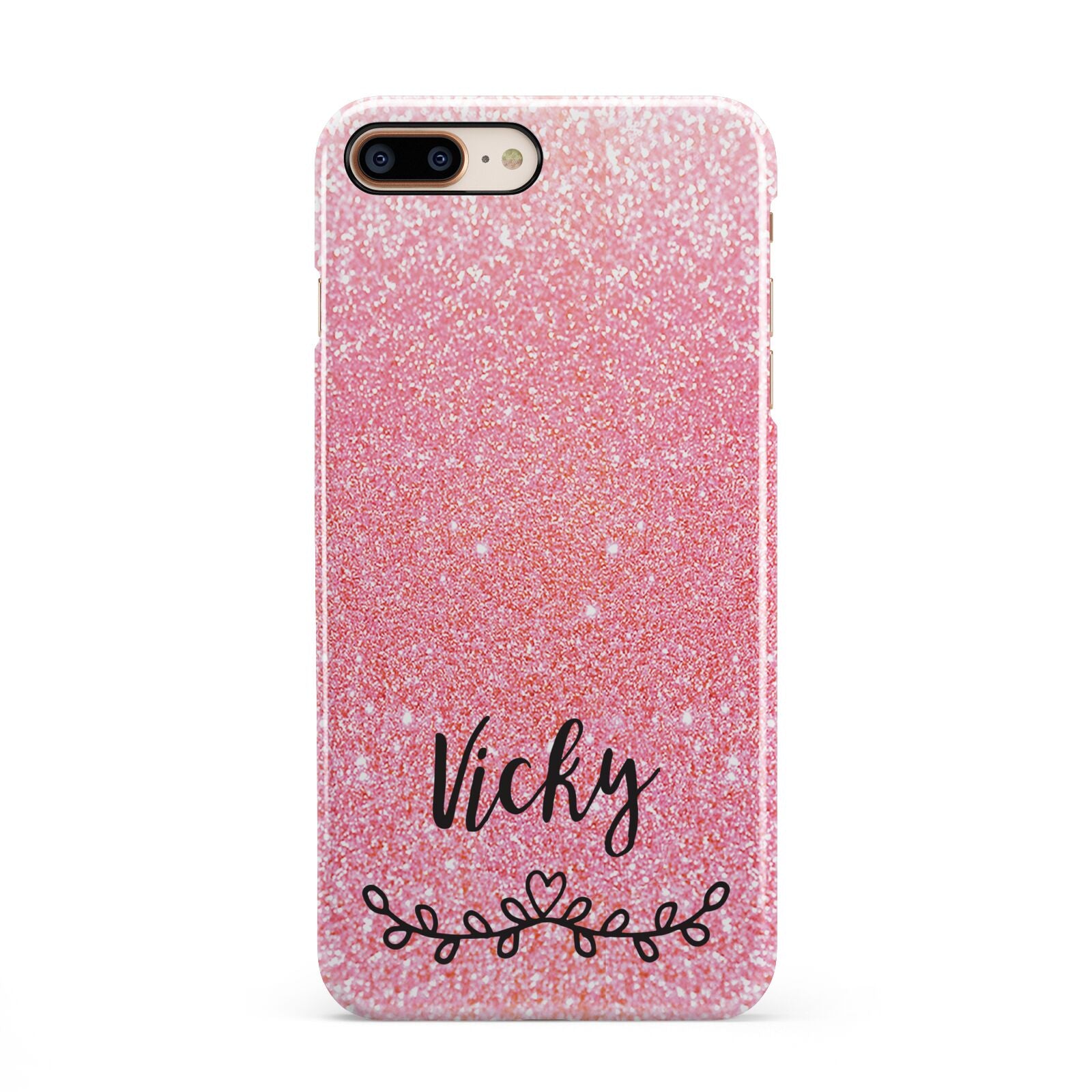 Pink Glitter with Custom Black Text iPhone 8 Plus 3D Snap Case on Gold Phone