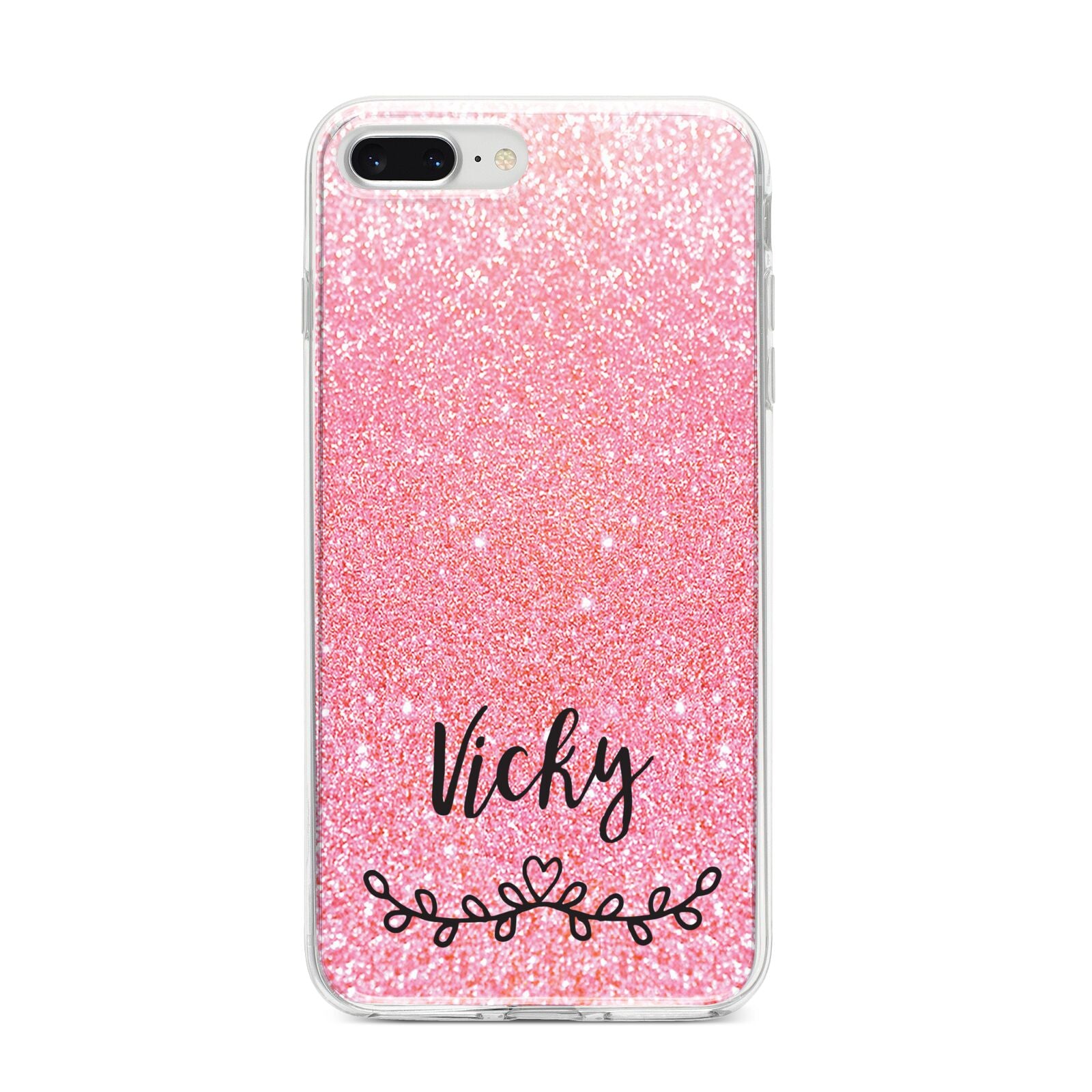 Pink Glitter with Custom Black Text iPhone 8 Plus Bumper Case on Silver iPhone