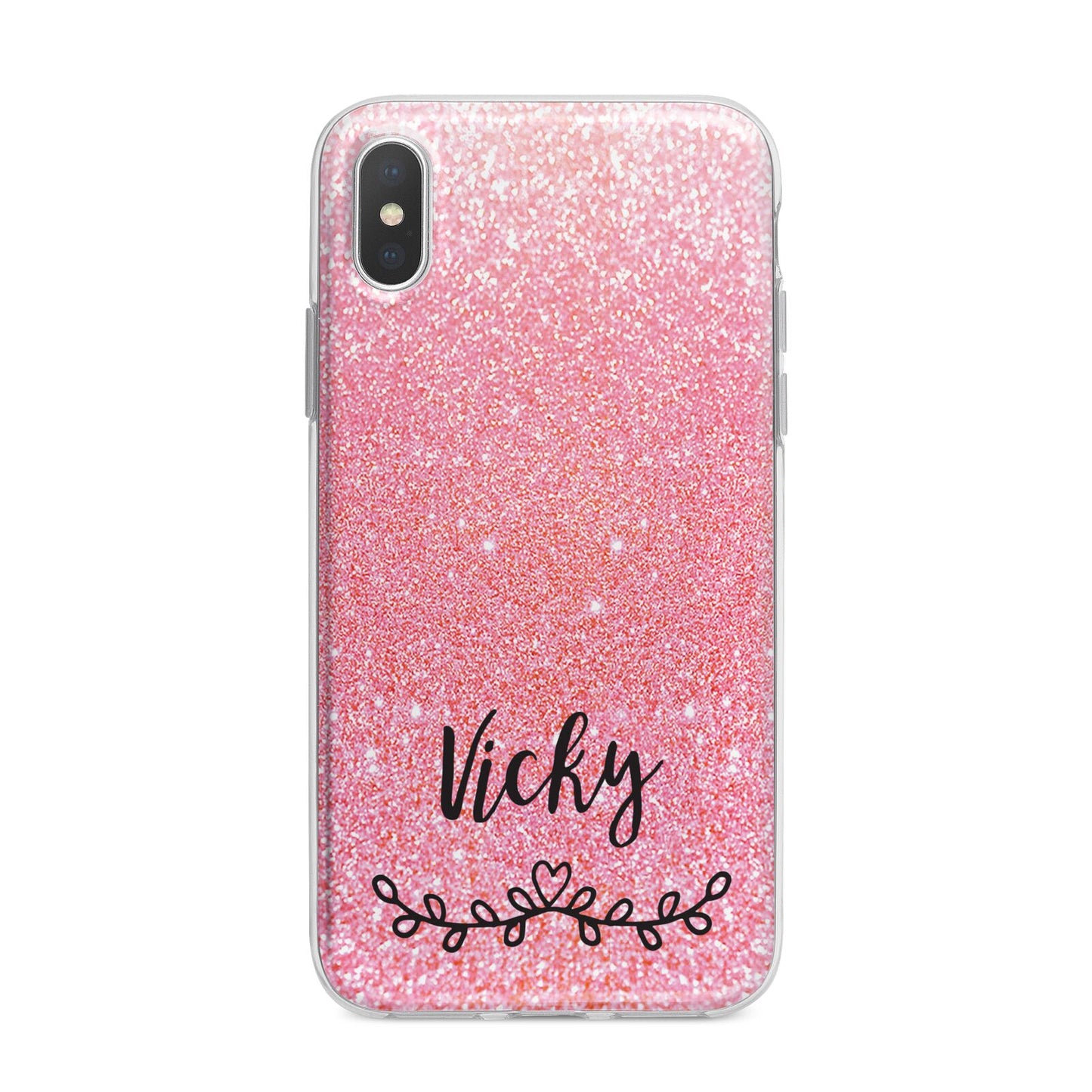 Pink Glitter with Custom Black Text iPhone X Bumper Case on Silver iPhone Alternative Image 1