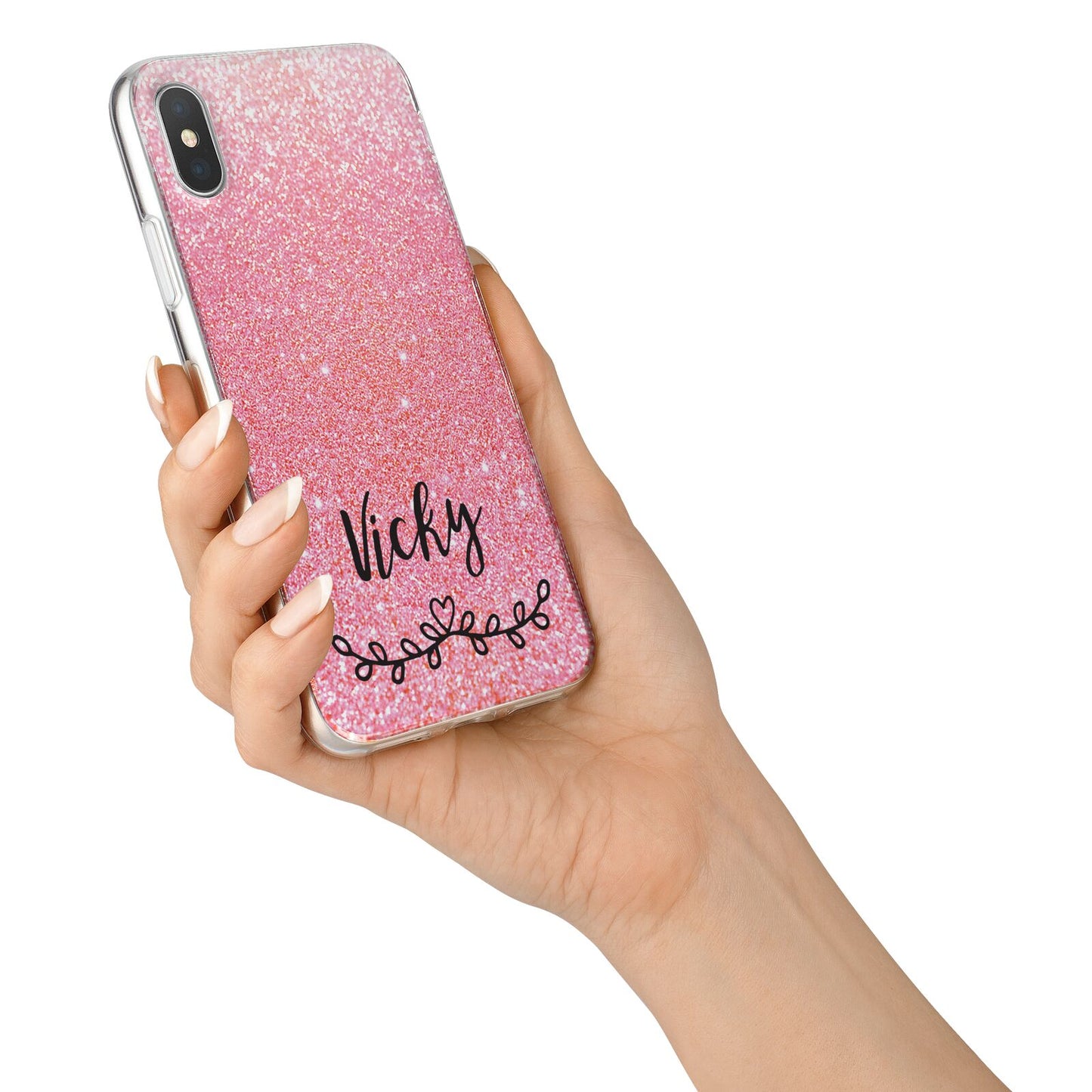 Pink Glitter with Custom Black Text iPhone X Bumper Case on Silver iPhone Alternative Image 2