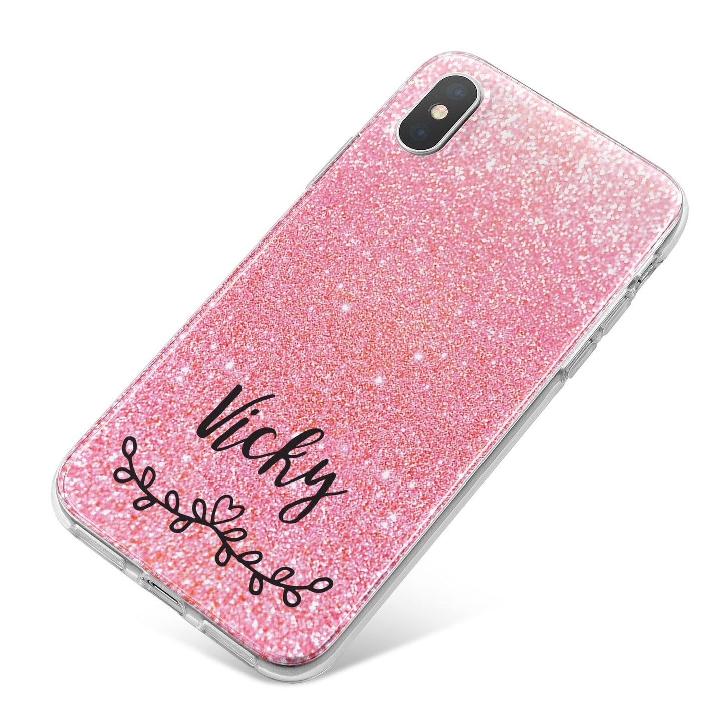 Pink Glitter with Custom Black Text iPhone X Bumper Case on Silver iPhone