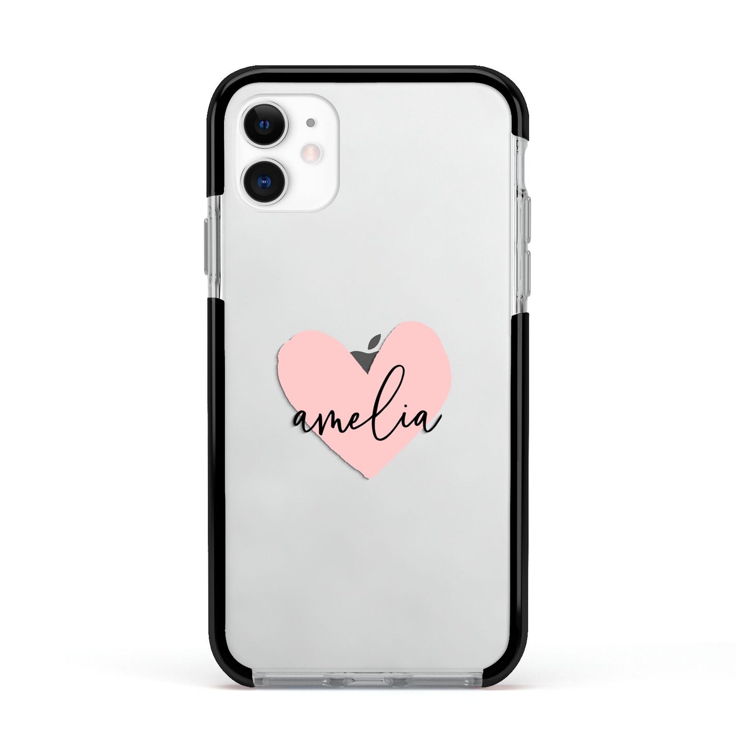 Pink Heart Sketch with Name Apple iPhone 11 in White with Black Impact Case