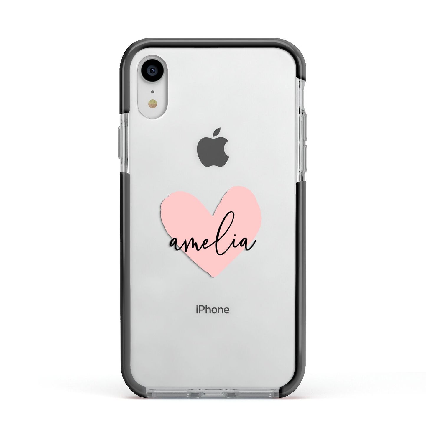 Pink Heart Sketch with Name Apple iPhone XR Impact Case Black Edge on Silver Phone