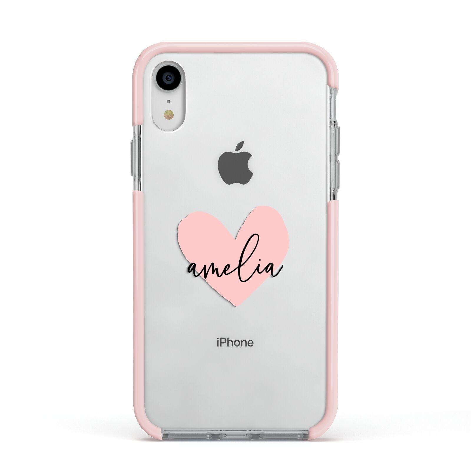 Pink Heart Sketch with Name Apple iPhone XR Impact Case Pink Edge on Silver Phone