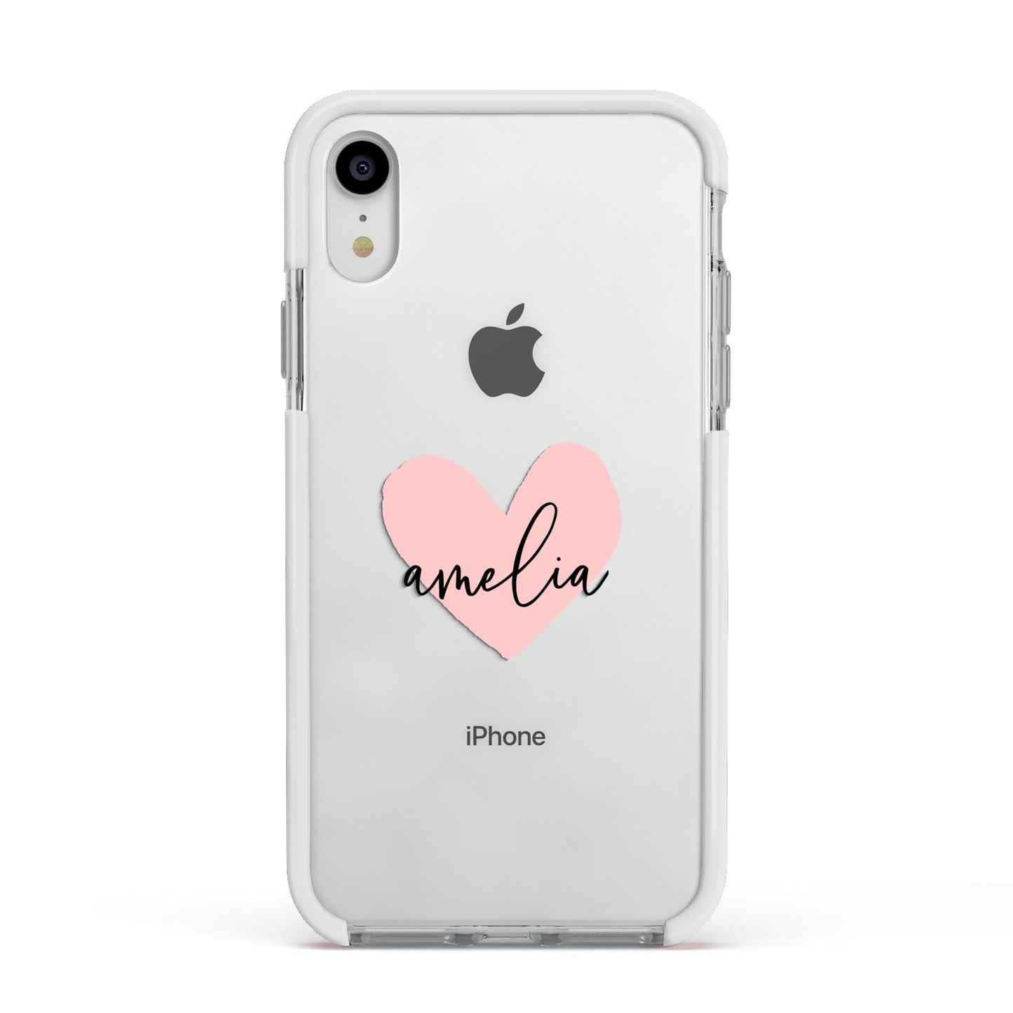 Pink Heart Sketch with Name Apple iPhone XR Impact Case White Edge on Silver Phone