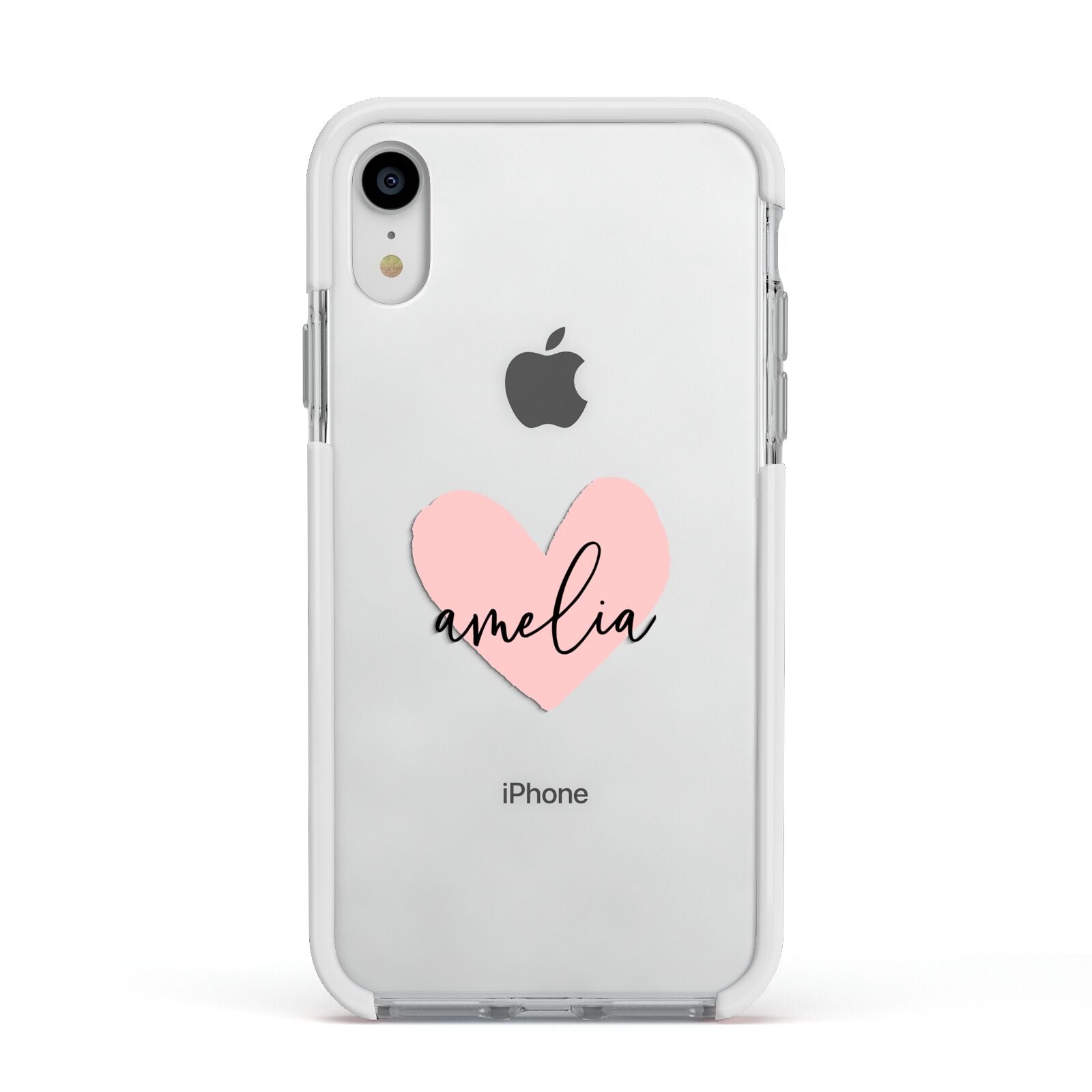 Pink Heart Sketch with Name Apple iPhone XR Impact Case White Edge on Silver Phone