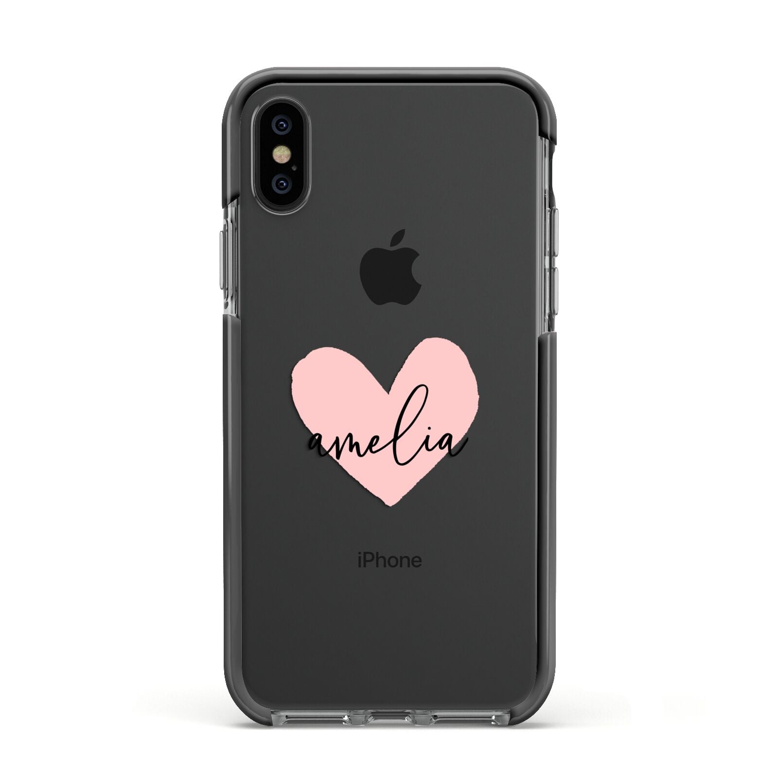 Pink Heart Sketch with Name Apple iPhone Xs Impact Case Black Edge on Black Phone