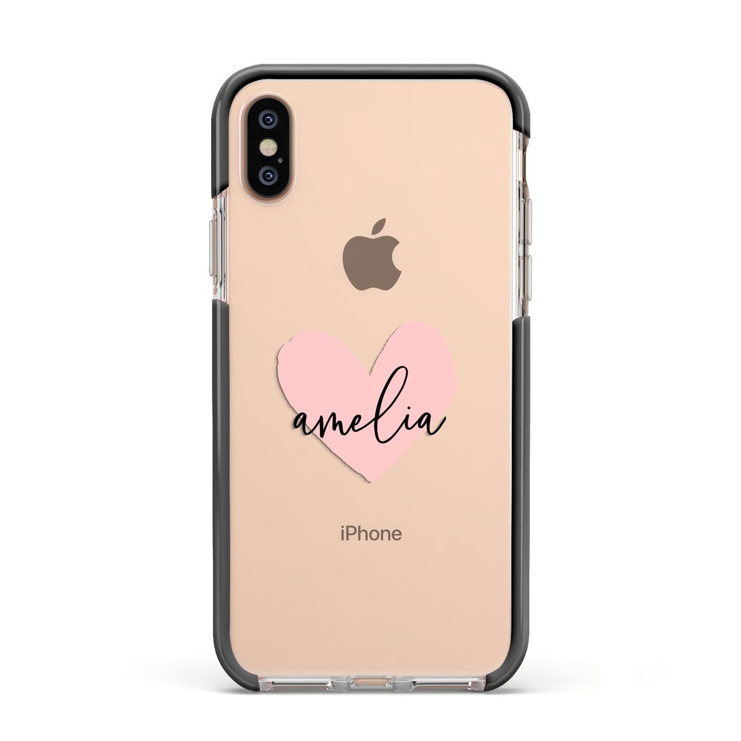 Pink Heart Sketch with Name Apple iPhone Xs Impact Case Black Edge on Gold Phone