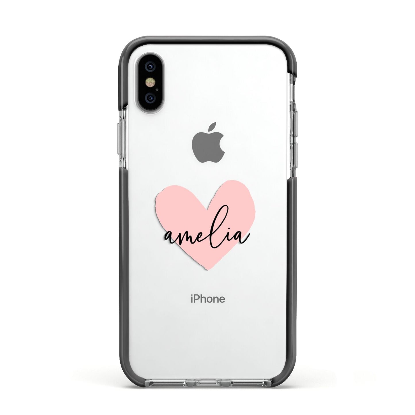 Pink Heart Sketch with Name Apple iPhone Xs Impact Case Black Edge on Silver Phone