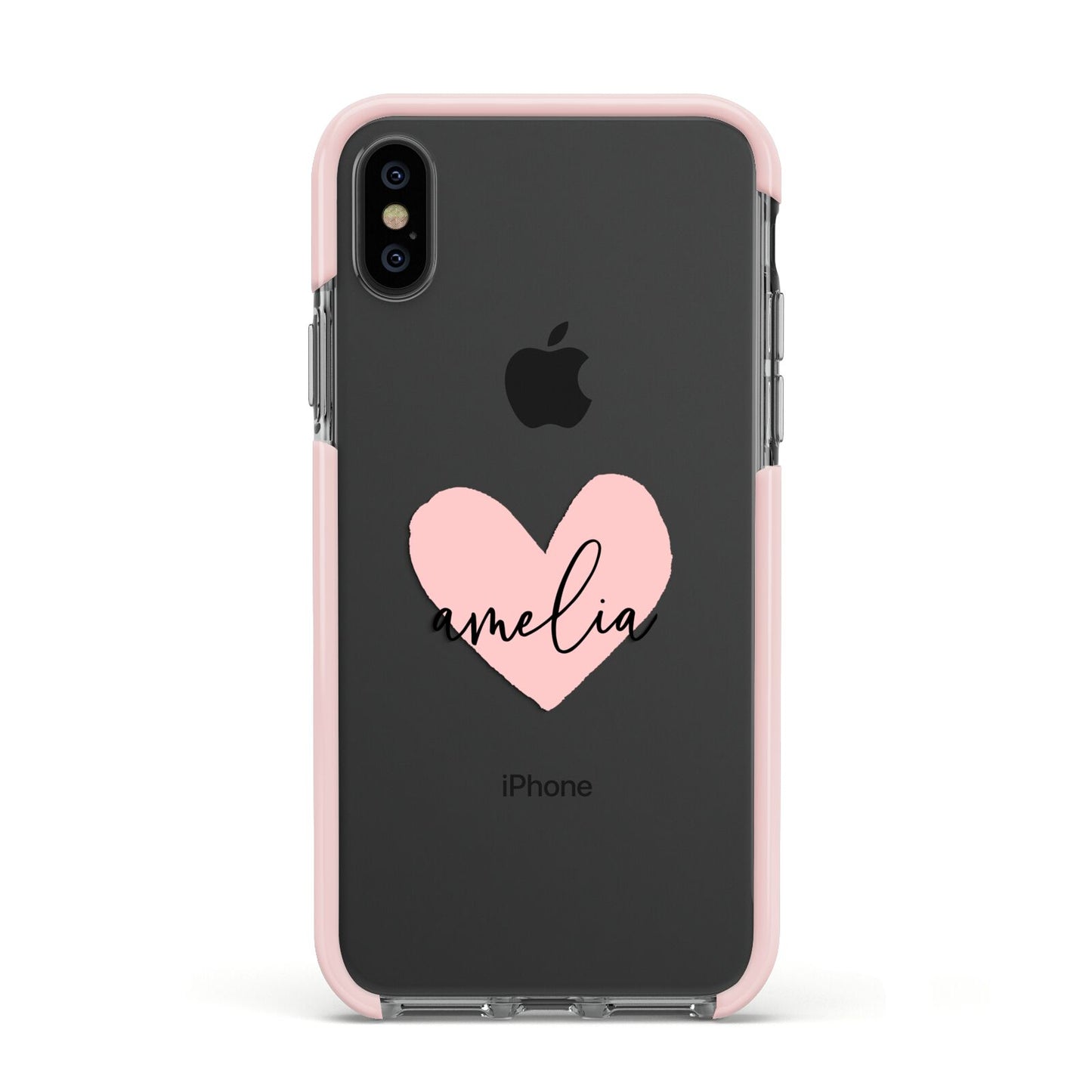 Pink Heart Sketch with Name Apple iPhone Xs Impact Case Pink Edge on Black Phone