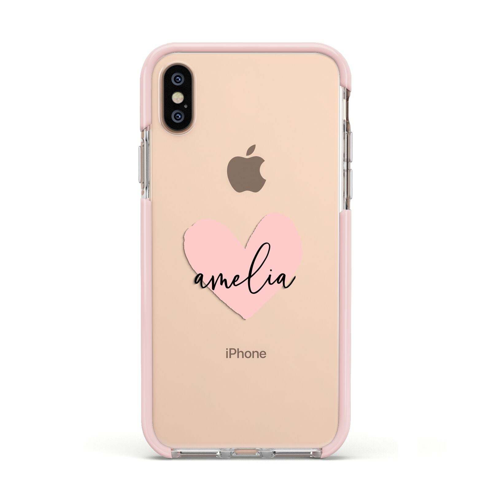 Pink Heart Sketch with Name Apple iPhone Xs Impact Case Pink Edge on Gold Phone