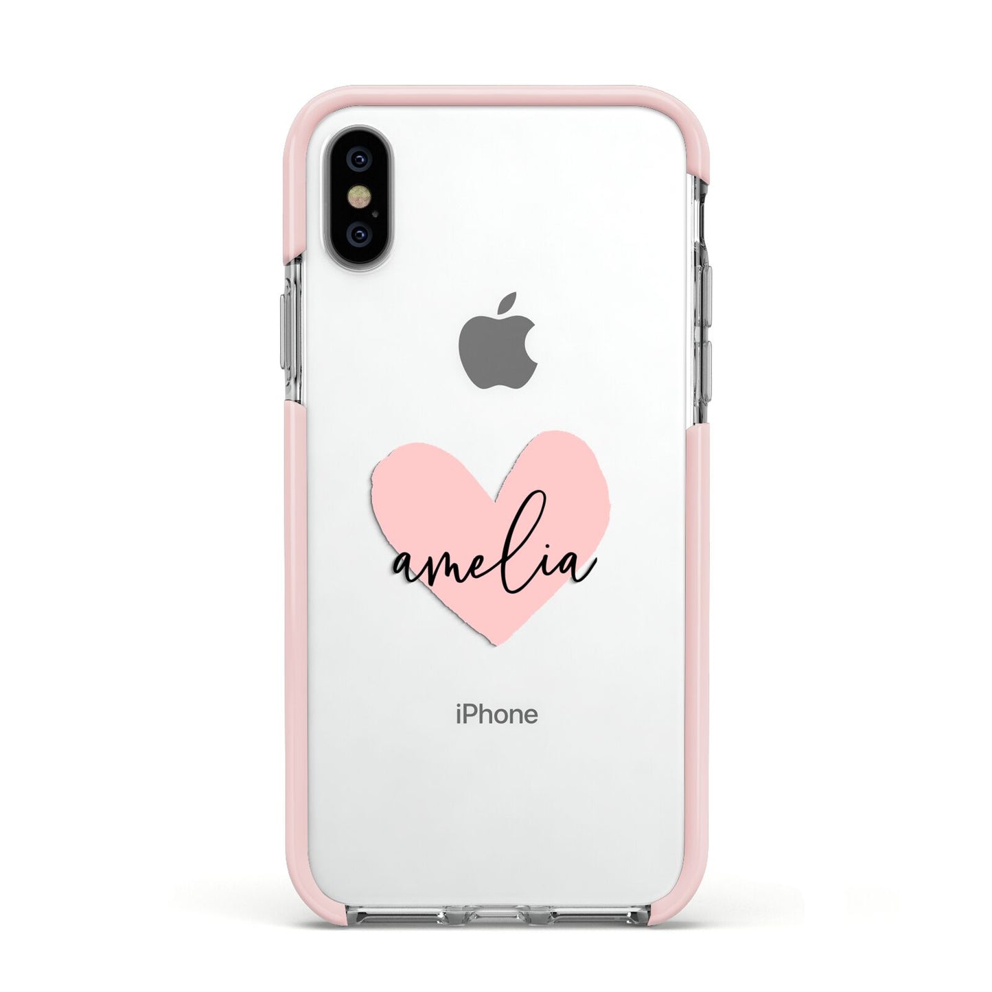 Pink Heart Sketch with Name Apple iPhone Xs Impact Case Pink Edge on Silver Phone