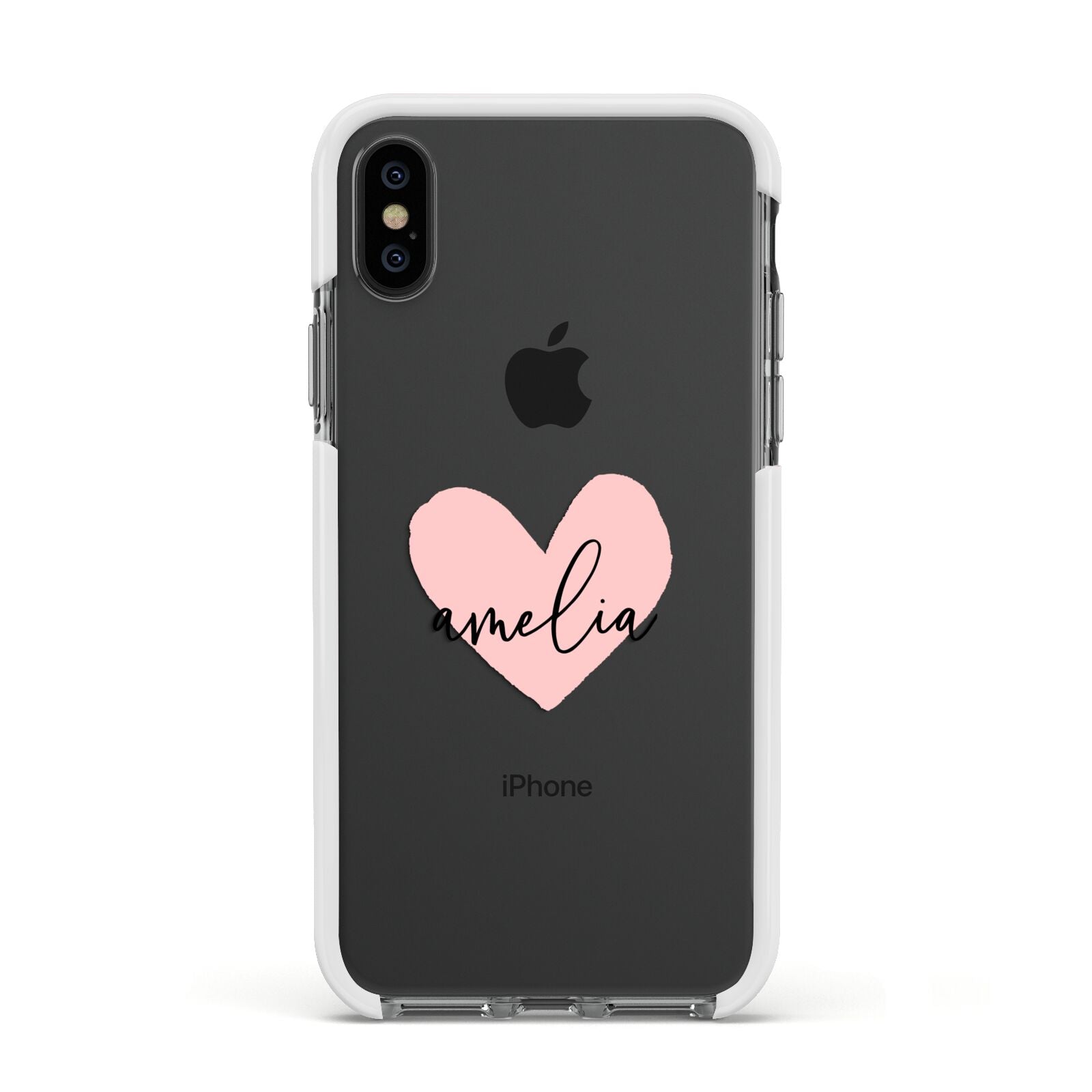 Pink Heart Sketch with Name Apple iPhone Xs Impact Case White Edge on Black Phone