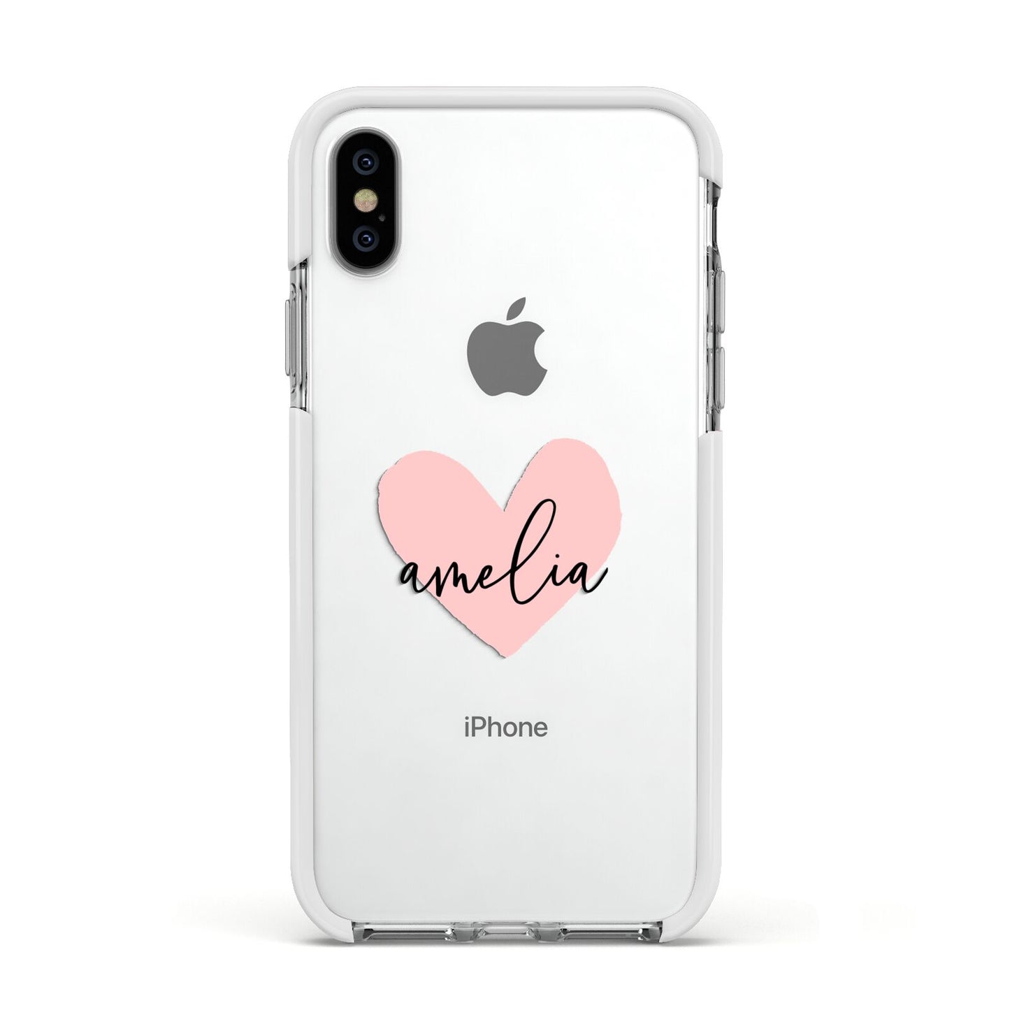 Pink Heart Sketch with Name Apple iPhone Xs Impact Case White Edge on Silver Phone