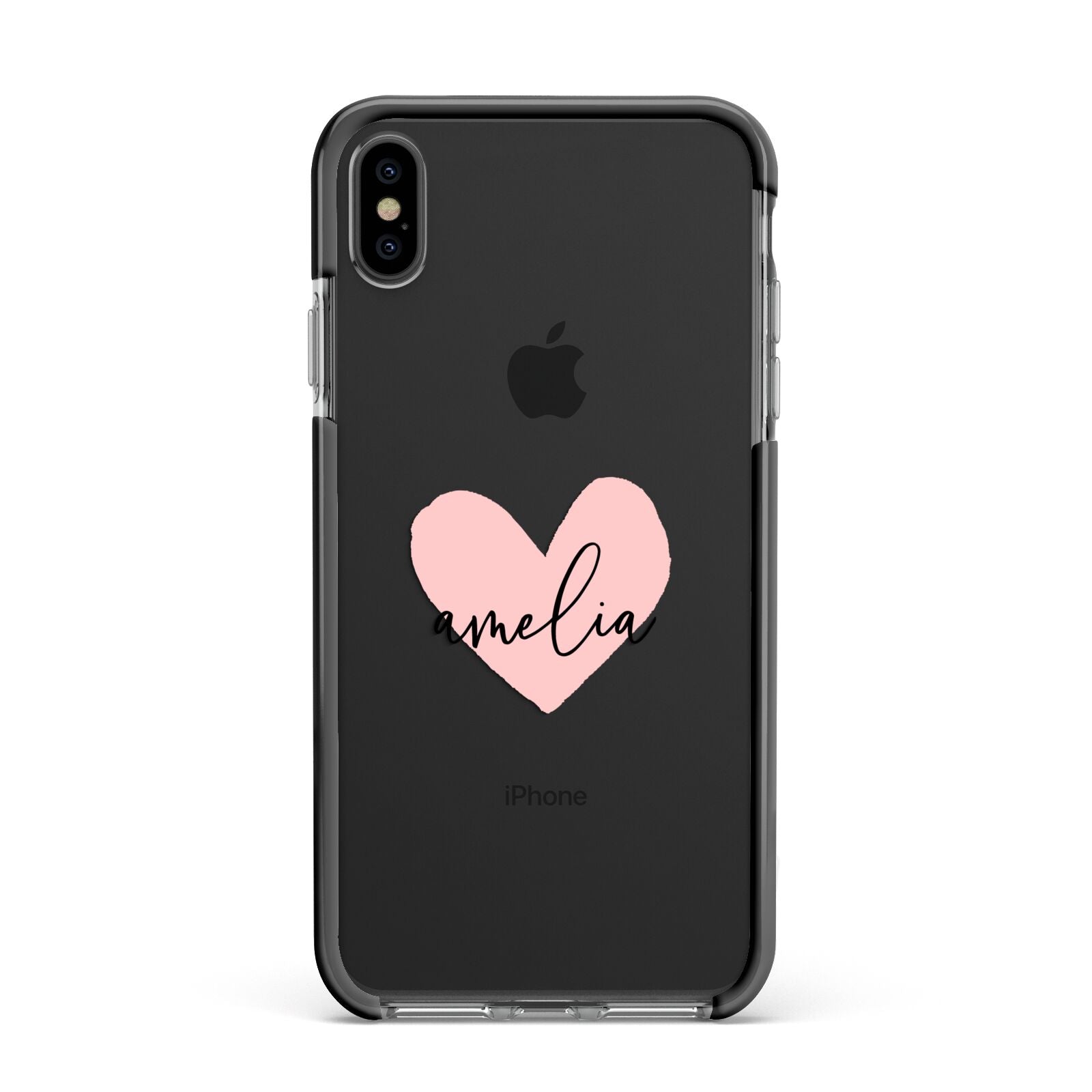 Pink Heart Sketch with Name Apple iPhone Xs Max Impact Case Black Edge on Black Phone