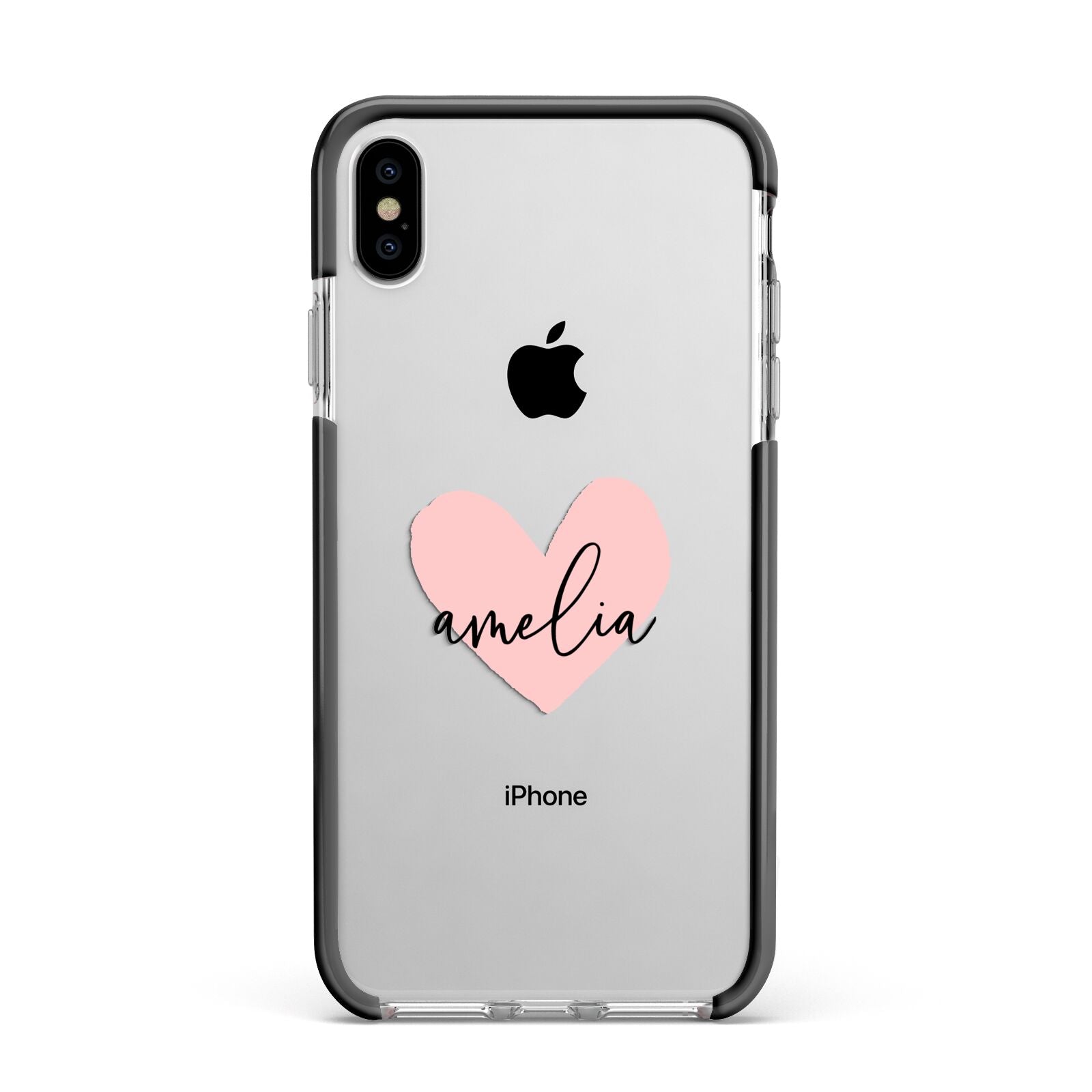 Pink Heart Sketch with Name Apple iPhone Xs Max Impact Case Black Edge on Silver Phone