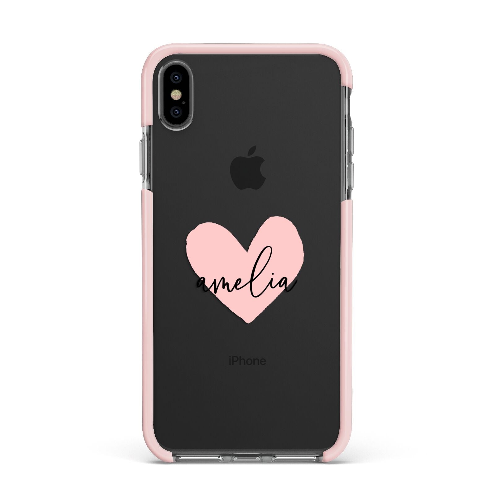 Pink Heart Sketch with Name Apple iPhone Xs Max Impact Case Pink Edge on Black Phone