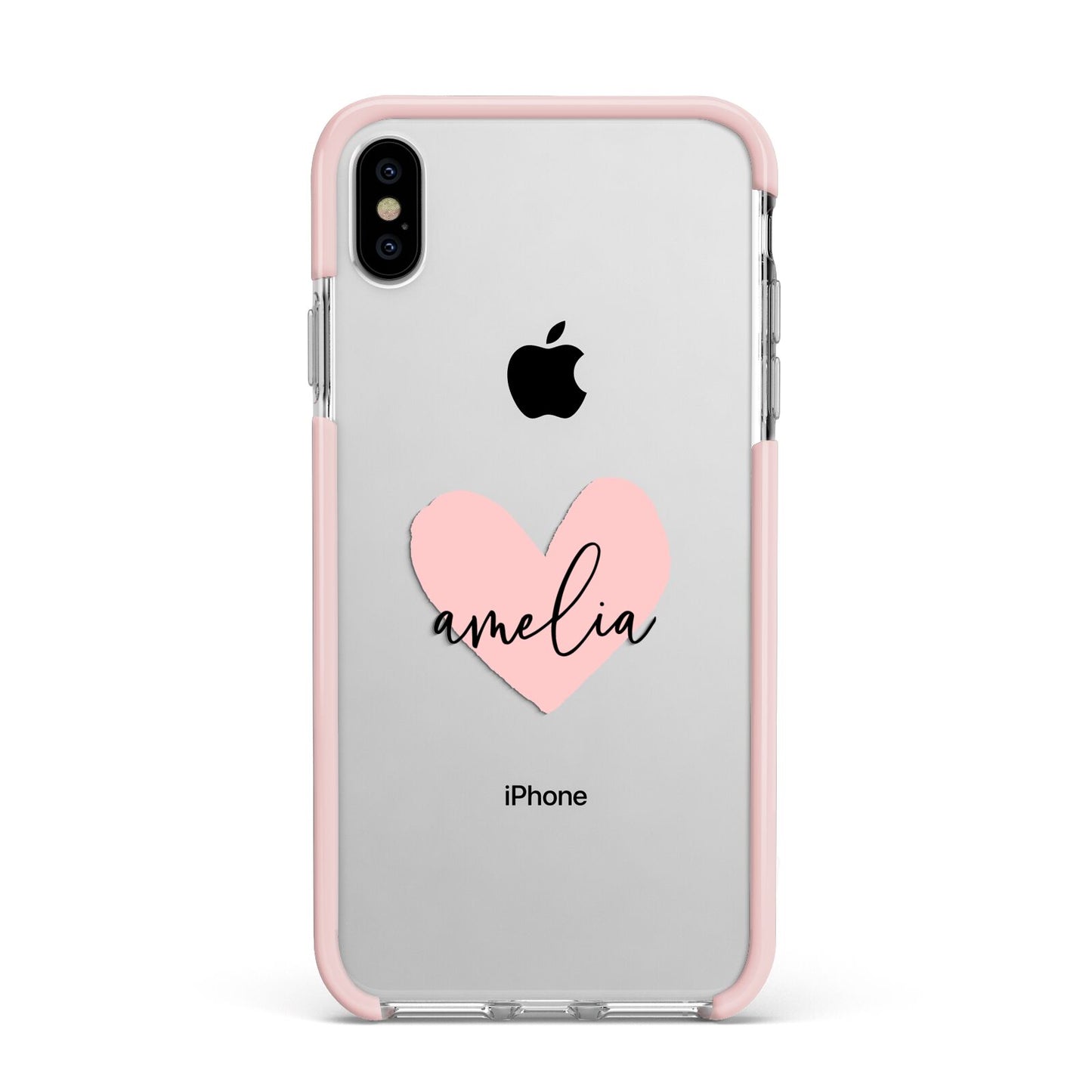 Pink Heart Sketch with Name Apple iPhone Xs Max Impact Case Pink Edge on Silver Phone