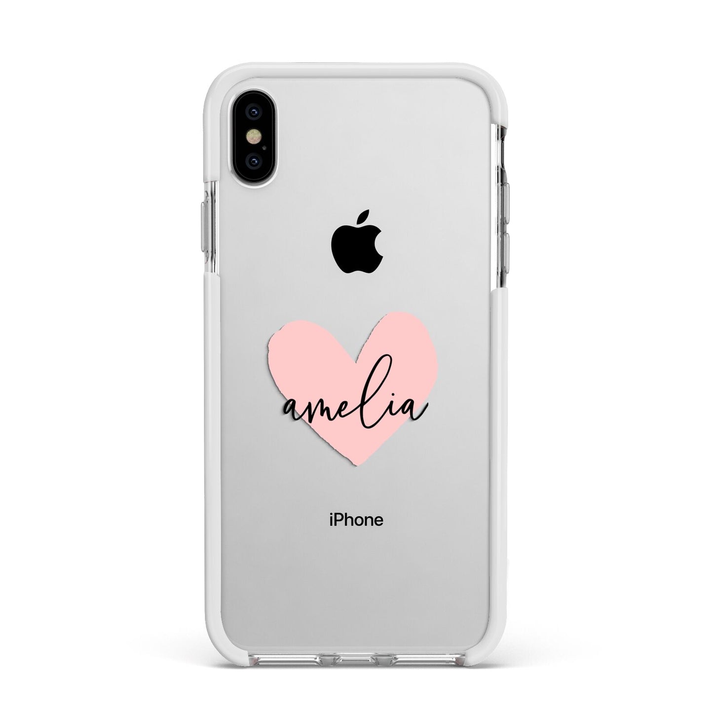 Pink Heart Sketch with Name Apple iPhone Xs Max Impact Case White Edge on Silver Phone