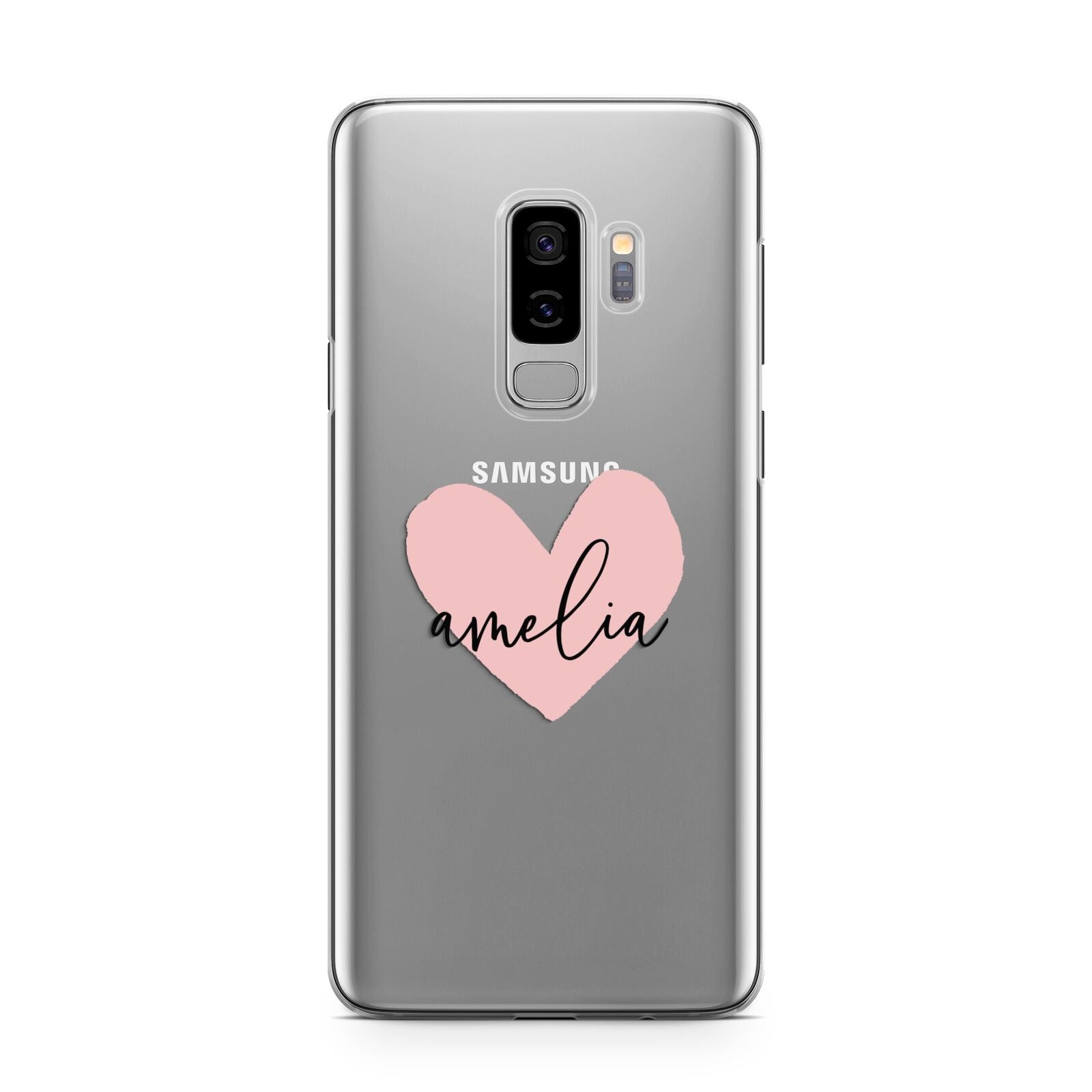 Pink Heart Sketch with Name Samsung Galaxy S9 Plus Case on Silver phone