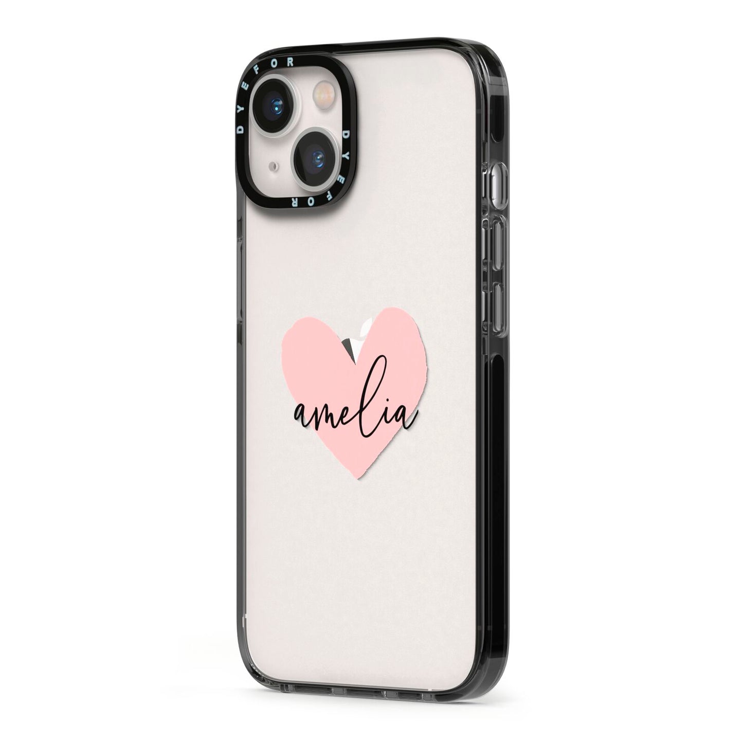 Pink Heart Sketch with Name iPhone 13 Black Impact Case Side Angle on Silver phone